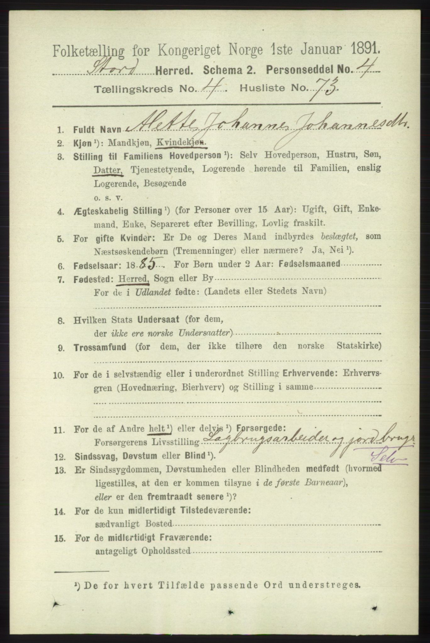 RA, 1891 census for 1221 Stord, 1891, p. 1572