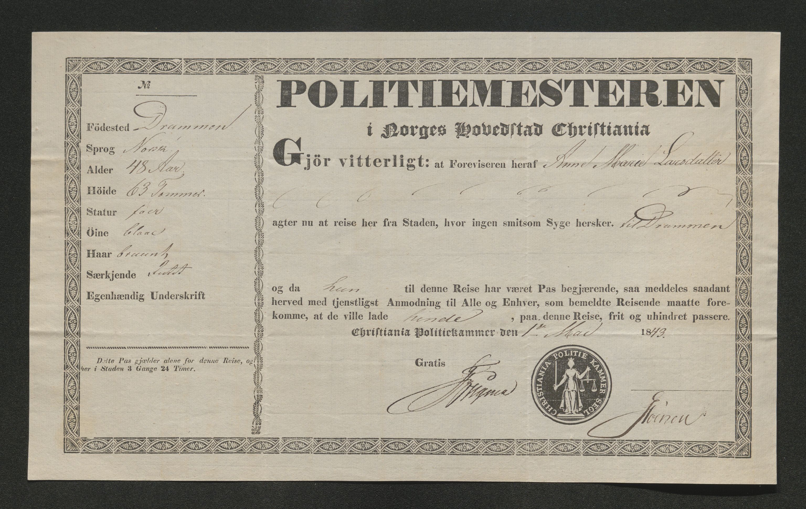 Drammen politikammer, SAKO/A-623/I/Ia/Iab/L0007: Innleverte pass, 1843-1844, p. 121