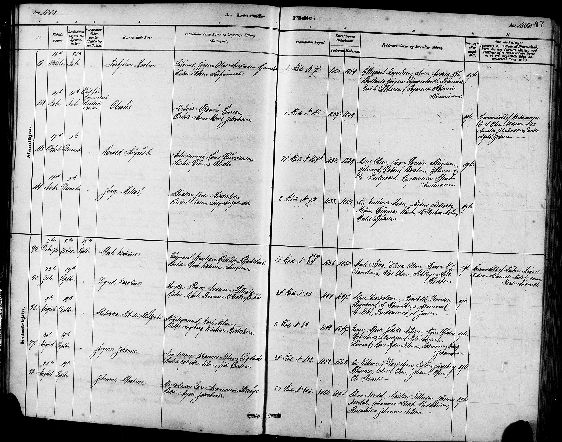 Sandviken Sokneprestembete, AV/SAB-A-77601/H/Hb/L0001: Parish register (copy) no. A 2, 1879-1892, p. 47