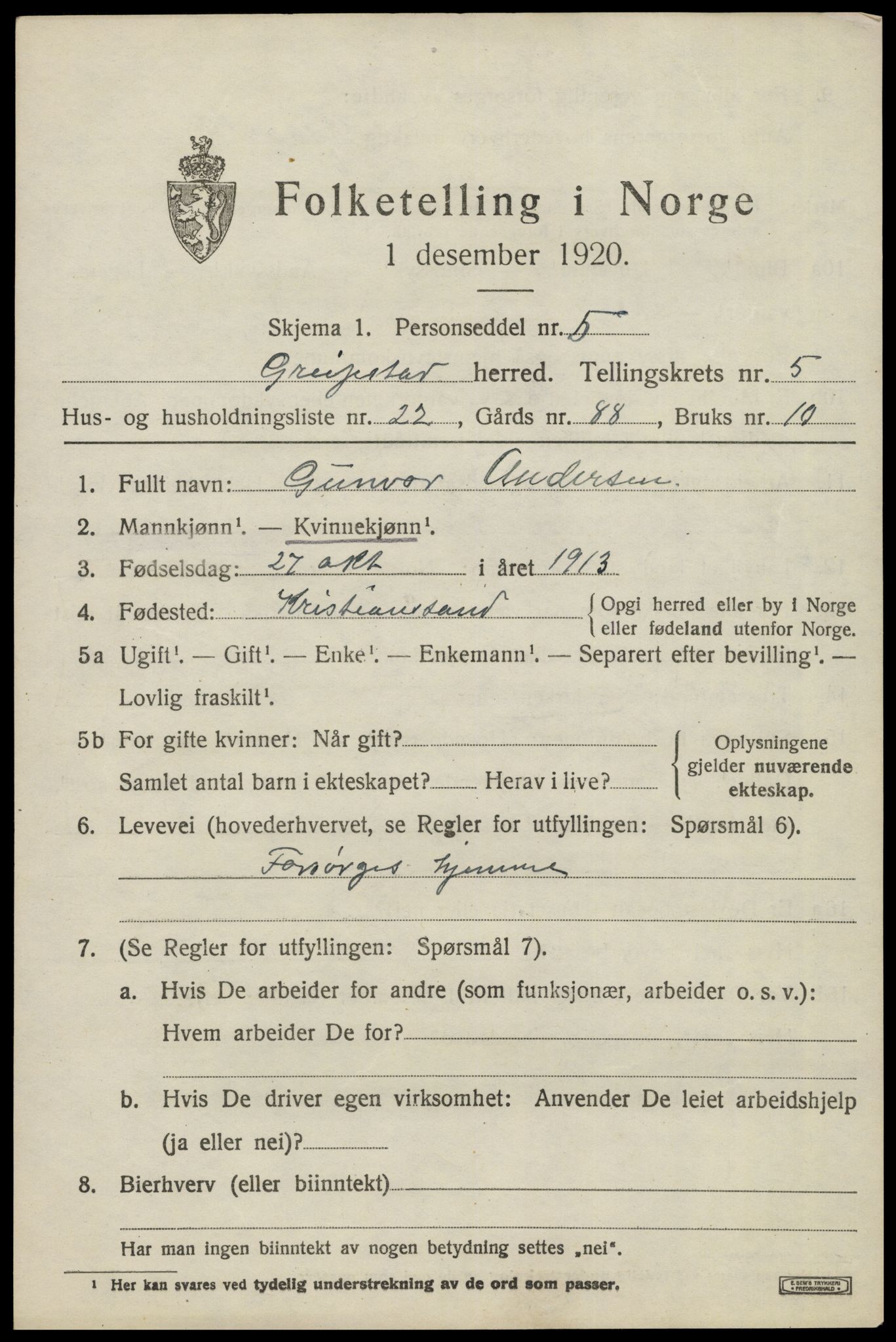 SAK, 1920 census for Greipstad, 1920, p. 1868