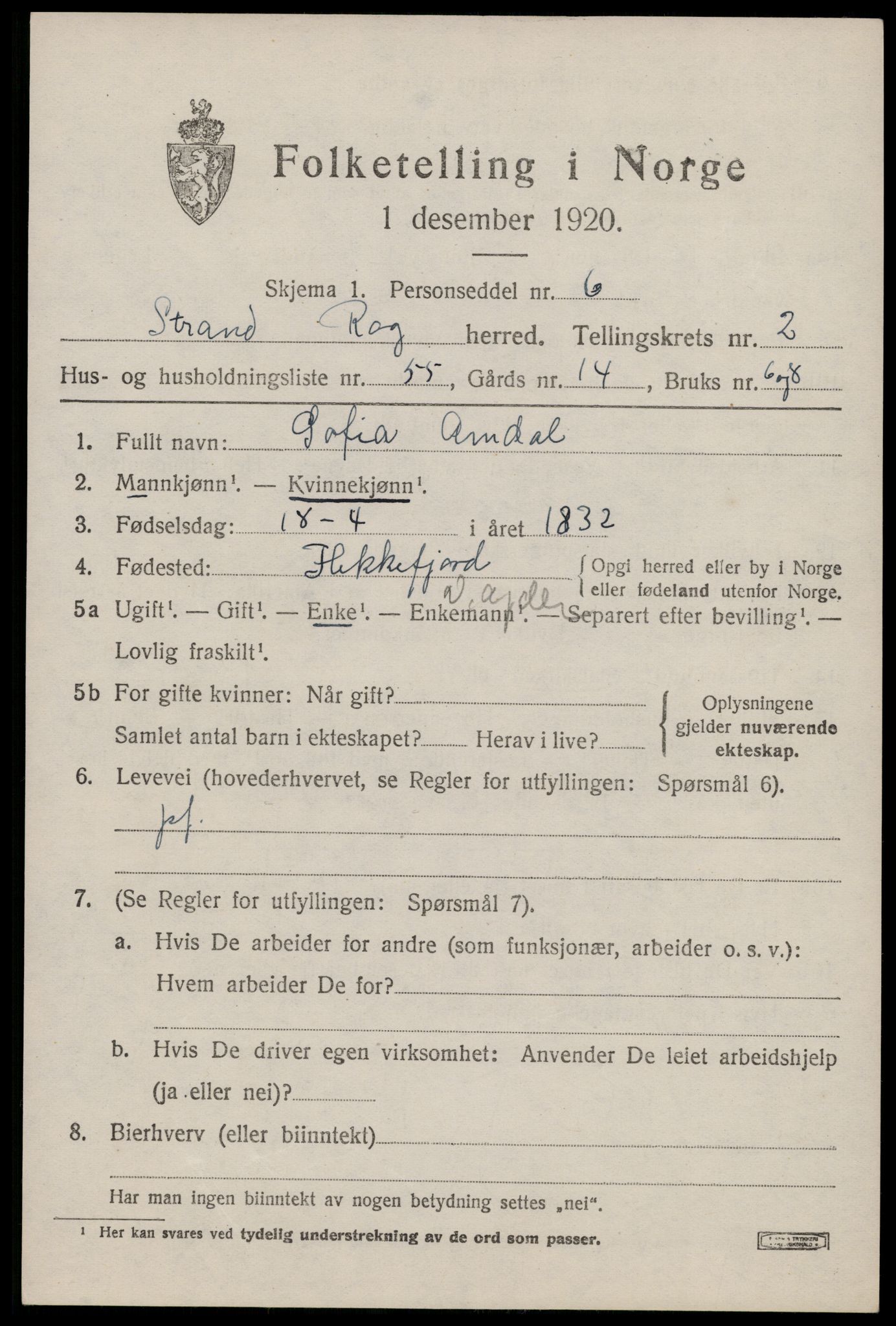 SAST, 1920 census for Strand, 1920, p. 2314