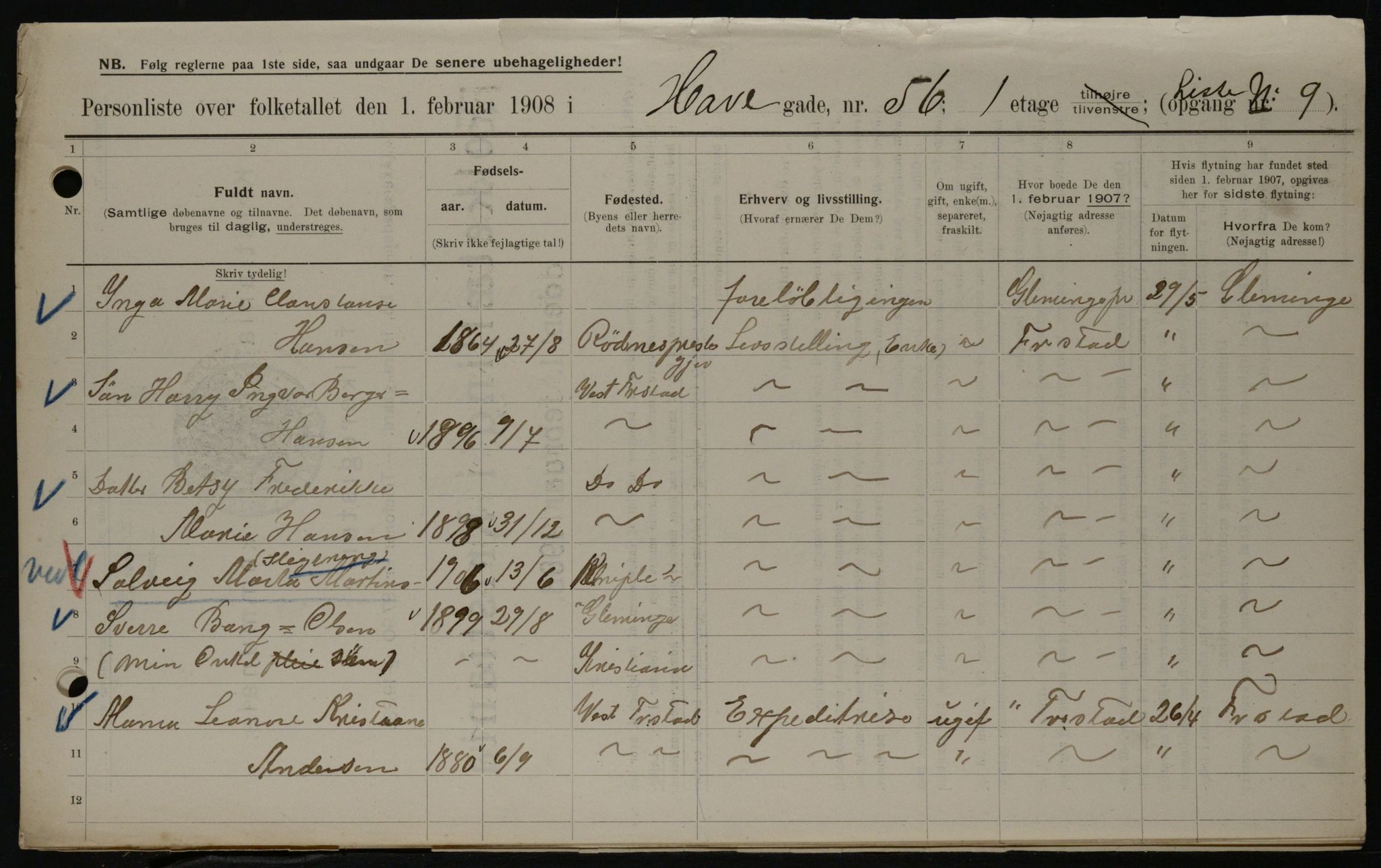 OBA, Municipal Census 1908 for Kristiania, 1908, p. 30707