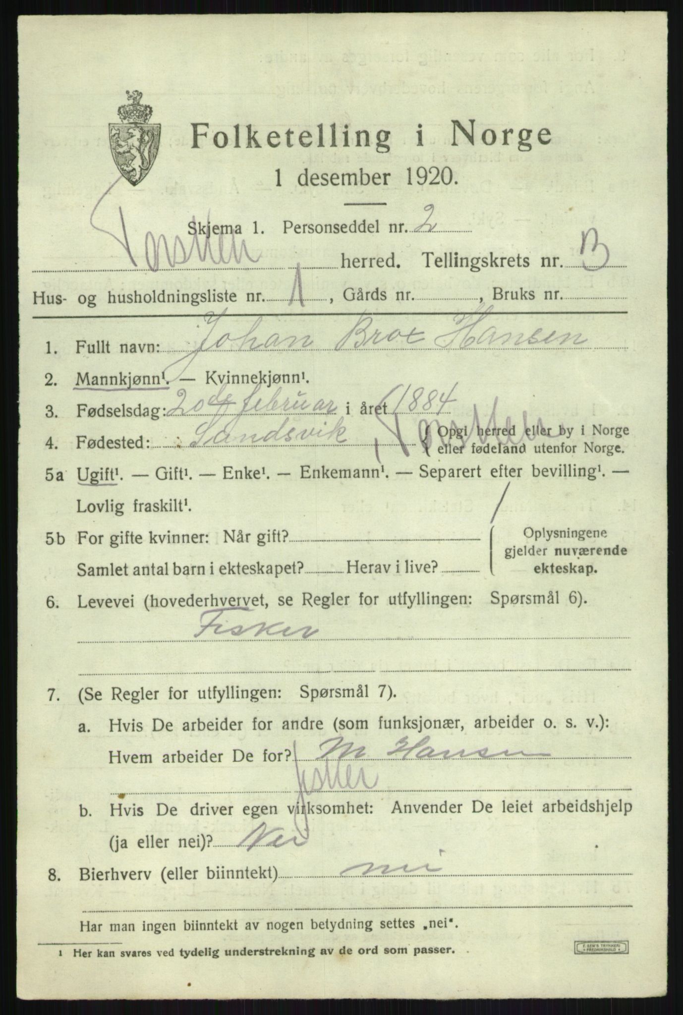 SATØ, 1920 census for Torsken, 1920, p. 874