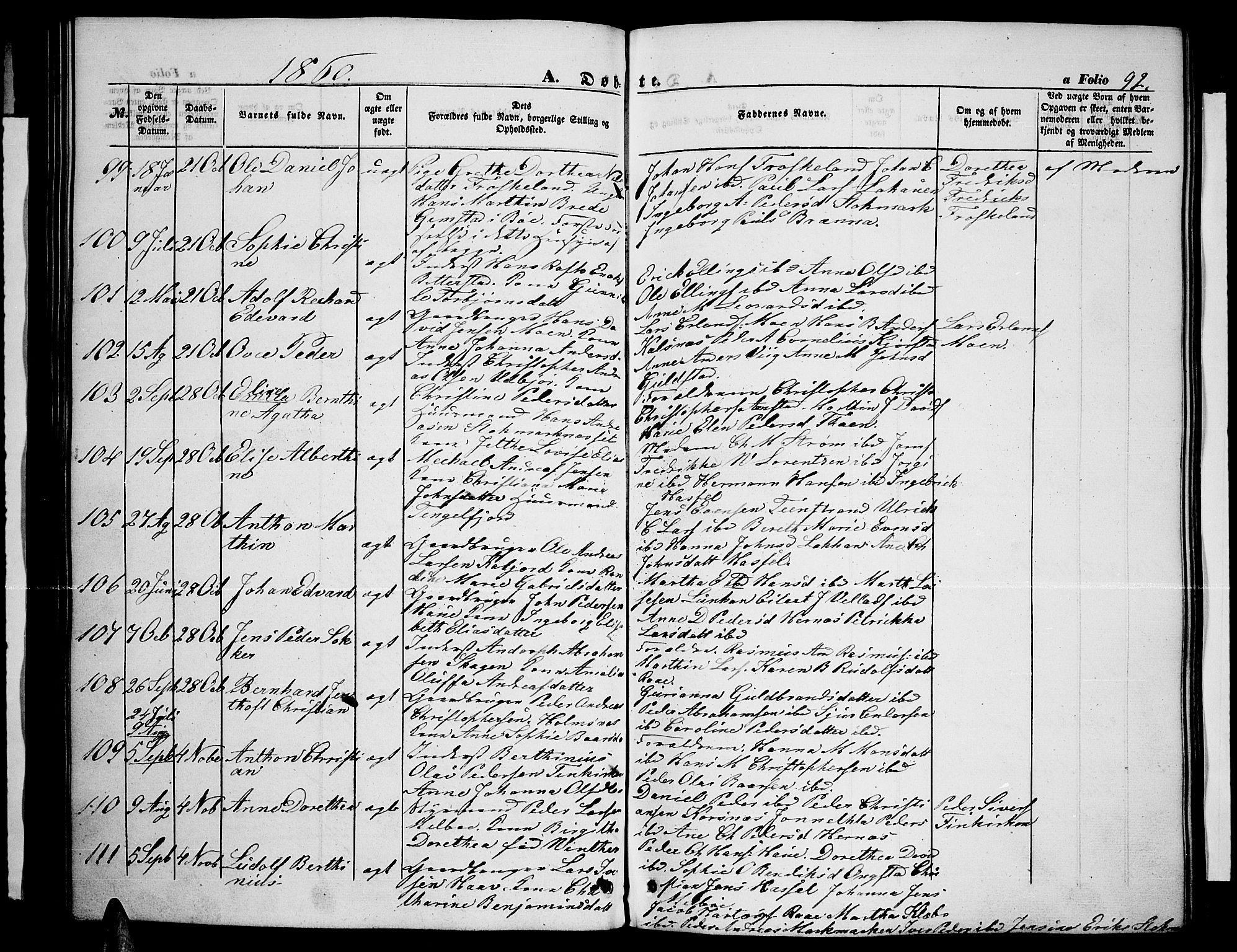 Ministerialprotokoller, klokkerbøker og fødselsregistre - Nordland, SAT/A-1459/888/L1265: Parish register (copy) no. 888C03, 1850-1863, p. 92b