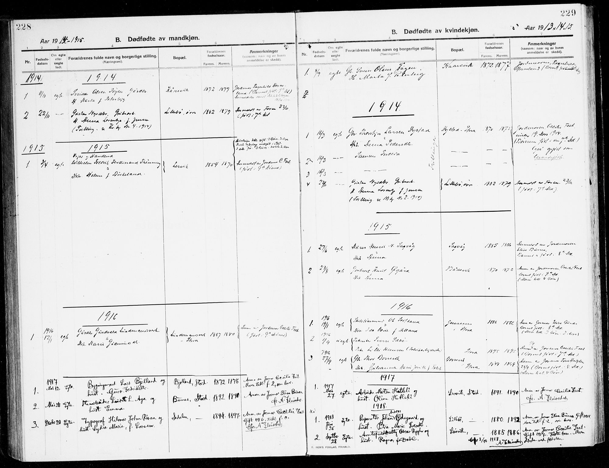 Stord sokneprestembete, SAB/A-78201/H/Haa: Parish register (official) no. B 3, 1913-1925, p. 228-229