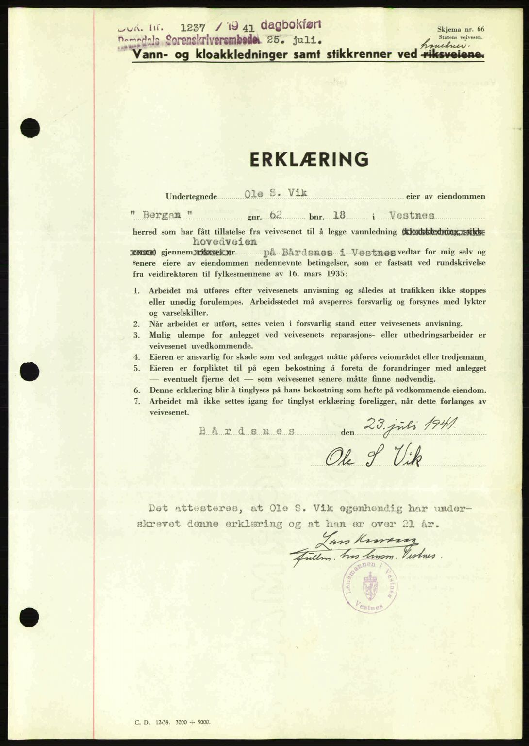 Romsdal sorenskriveri, AV/SAT-A-4149/1/2/2C: Mortgage book no. A10, 1941-1941, Diary no: : 1237/1941