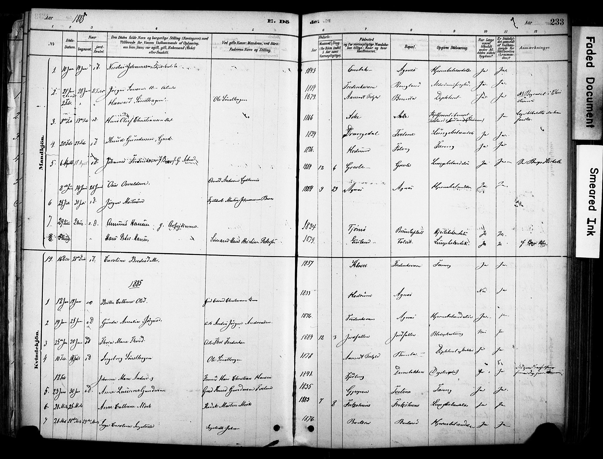 Brunlanes kirkebøker, AV/SAKO-A-342/F/Fc/L0001: Parish register (official) no. III 1, 1878-1899, p. 233