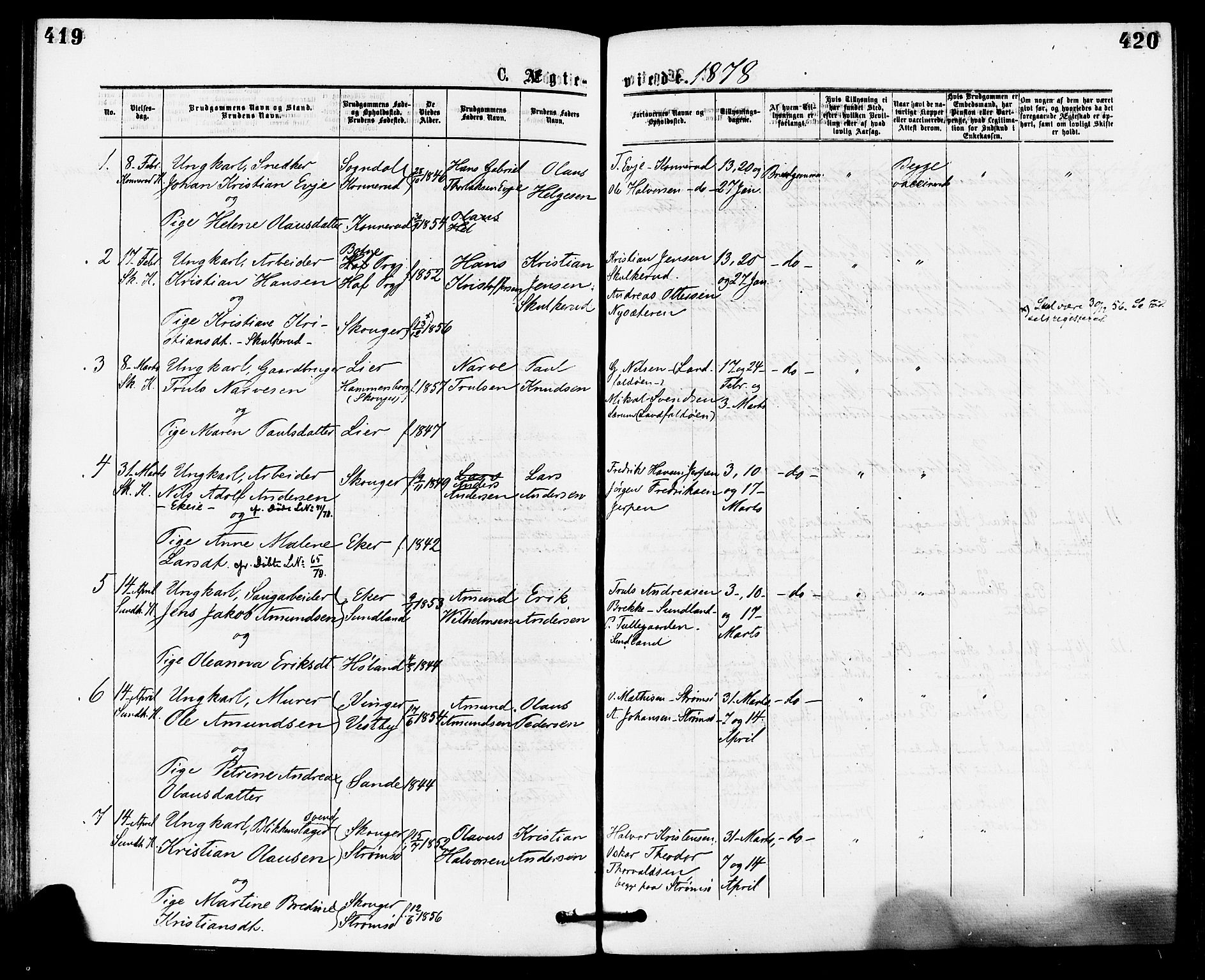 Skoger kirkebøker, AV/SAKO-A-59/F/Fa/L0005: Parish register (official) no. I 5, 1873-1884, p. 419-420