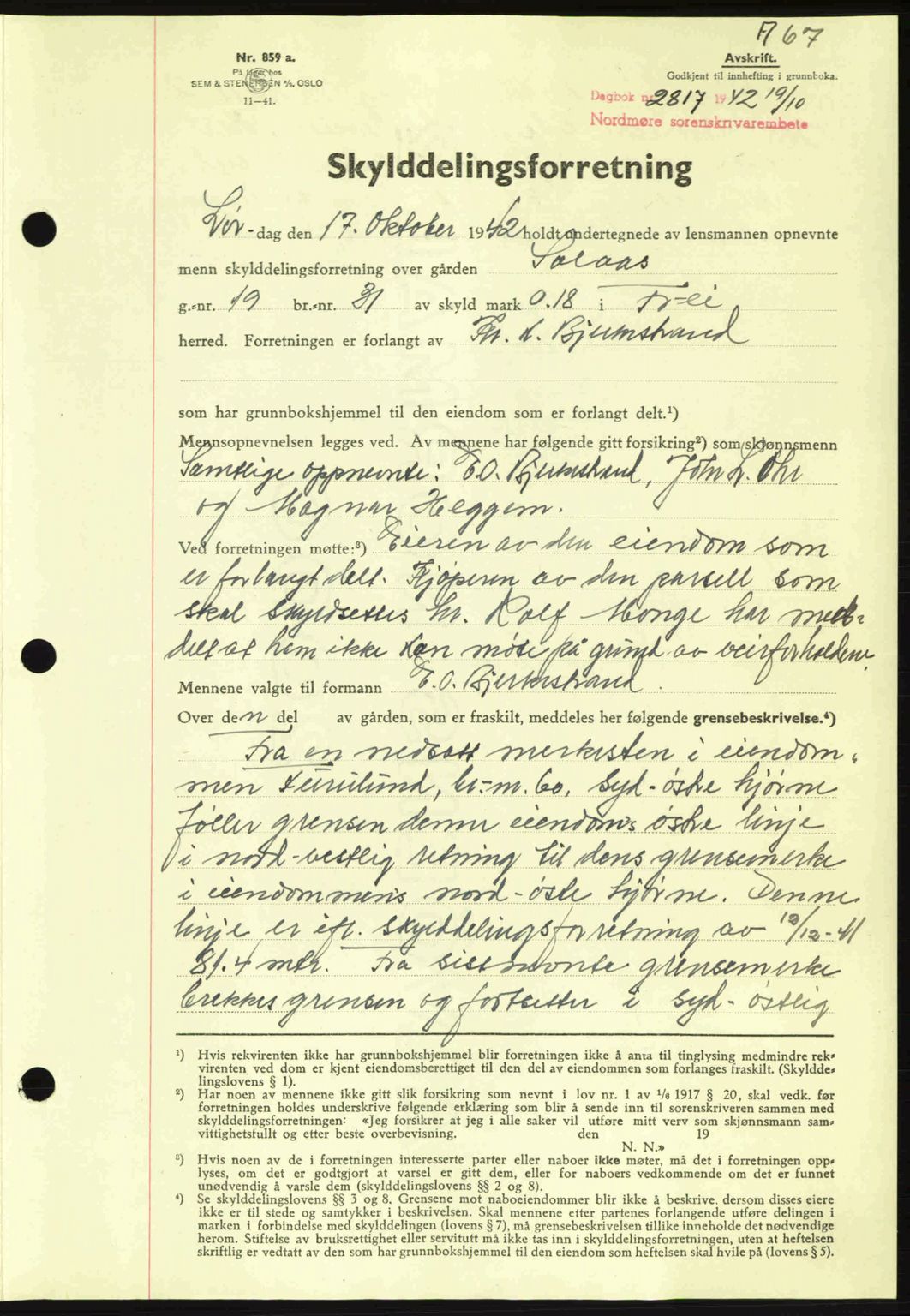 Nordmøre sorenskriveri, AV/SAT-A-4132/1/2/2Ca: Mortgage book no. A94, 1942-1943, Diary no: : 2817/1942