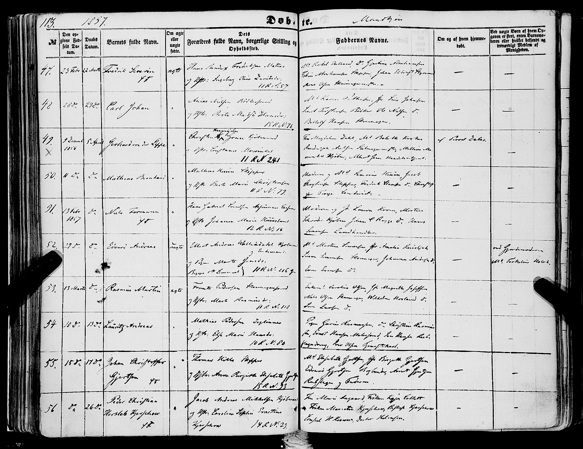 Domkirken sokneprestembete, SAB/A-74801/H/Haa/L0020: Parish register (official) no. B 3, 1851-1859, p. 113