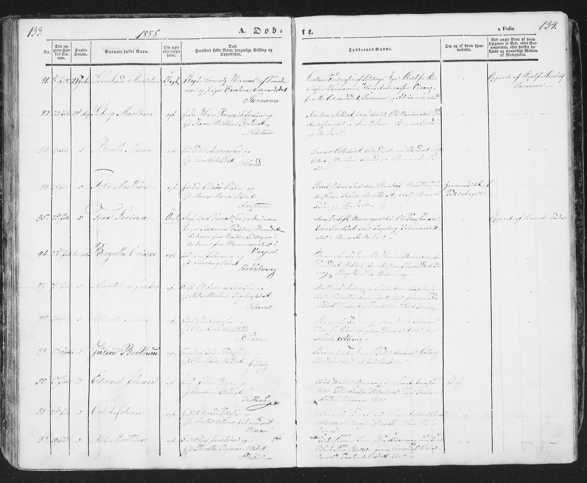 Ministerialprotokoller, klokkerbøker og fødselsregistre - Nordland, SAT/A-1459/874/L1072: Parish register (copy) no. 874C01, 1843-1859, p. 133-134