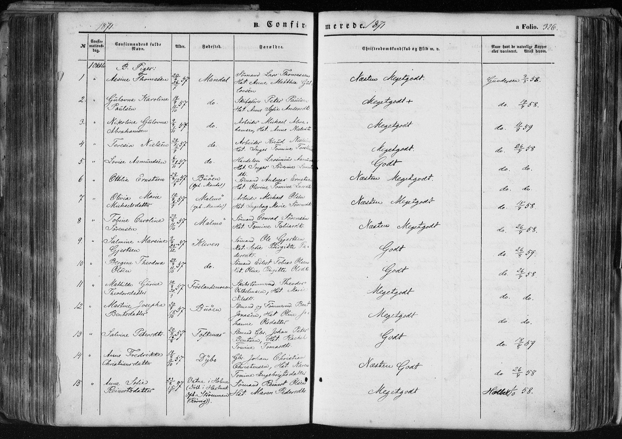 Mandal sokneprestkontor, AV/SAK-1111-0030/F/Fa/Faa/L0014: Parish register (official) no. A 14, 1859-1872, p. 326