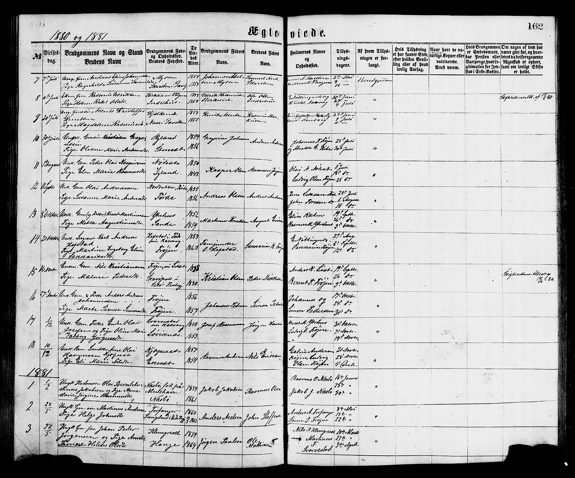 Bremanger sokneprestembete, SAB/A-82201/H/Hab/Haba/L0002: Parish register (copy) no. A 2, 1866-1889, p. 162