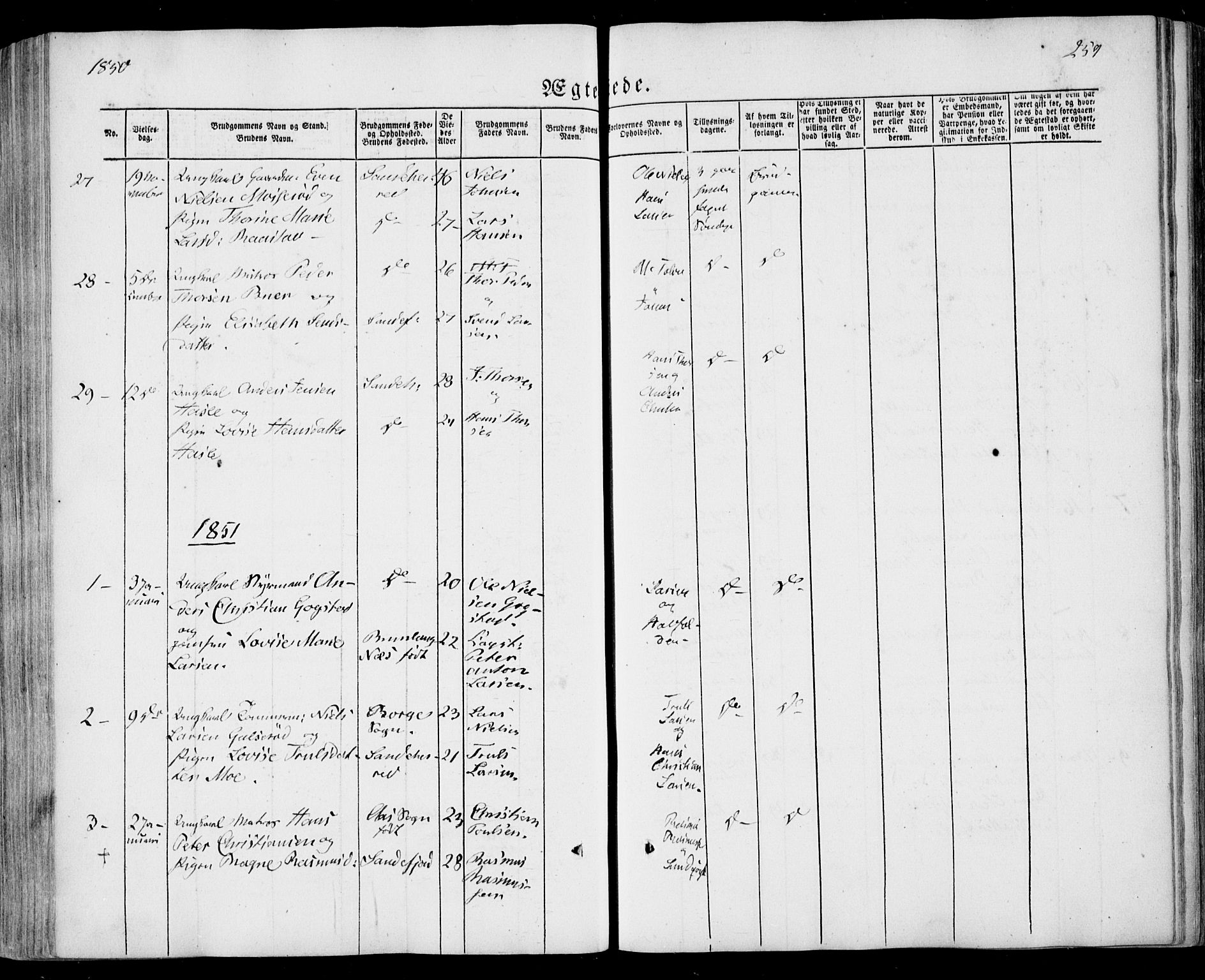 Sandar kirkebøker, SAKO/A-243/F/Fa/L0006: Parish register (official) no. 6, 1847-1860, p. 259