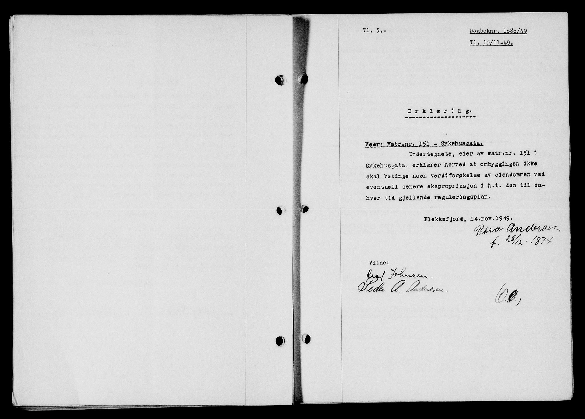 Flekkefjord sorenskriveri, SAK/1221-0001/G/Gb/Gba/L0065: Mortgage book no. A-13, 1949-1949, Diary no: : 1080/1949