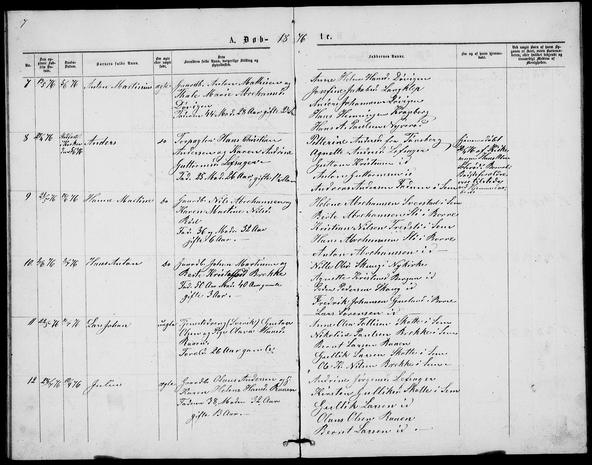 Våle kirkebøker, AV/SAKO-A-334/G/Gb/L0001: Parish register (copy) no. II 1, 1874-1891, p. 7