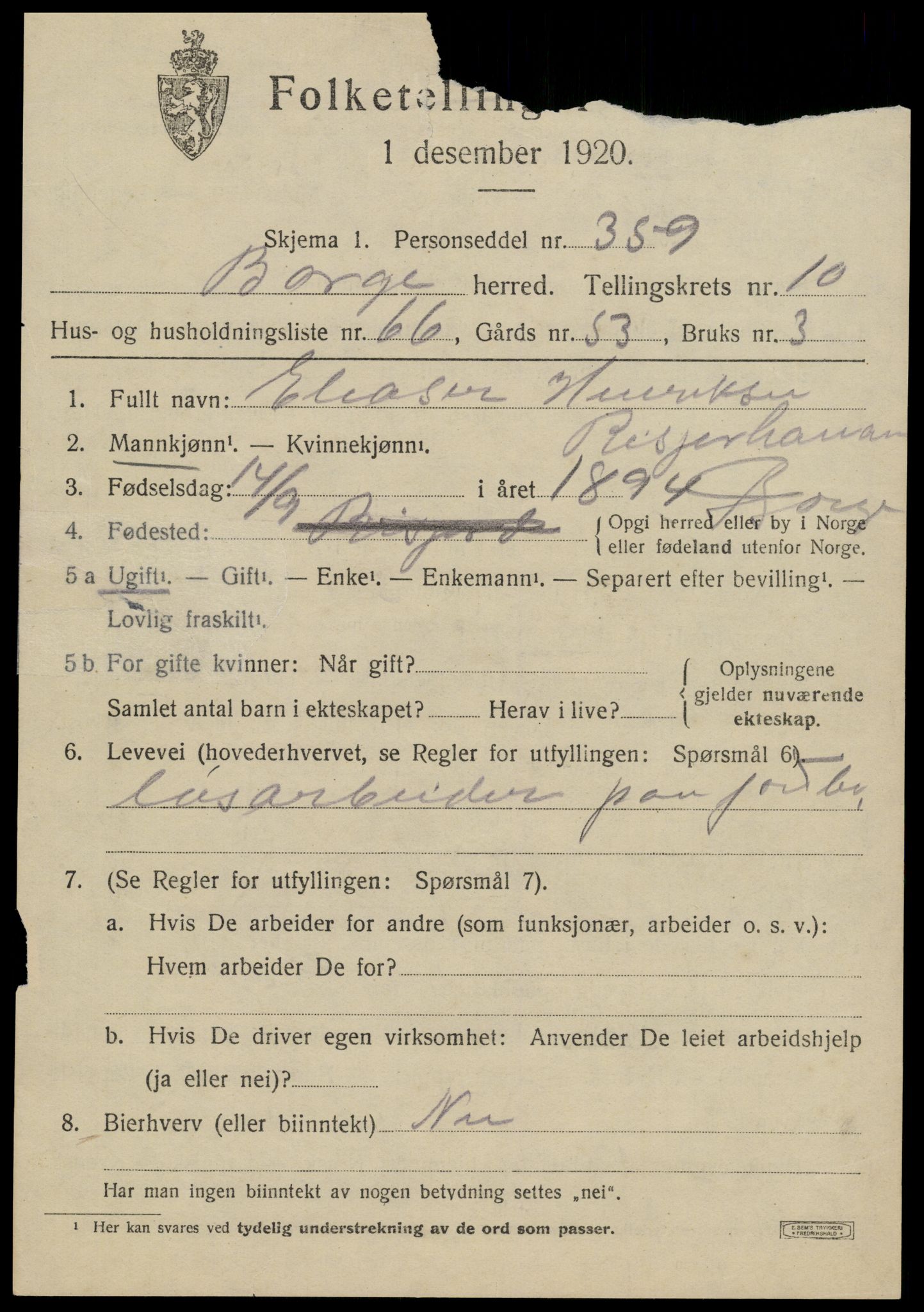 SAT, 1920 census for Borge, 1920, p. 9417