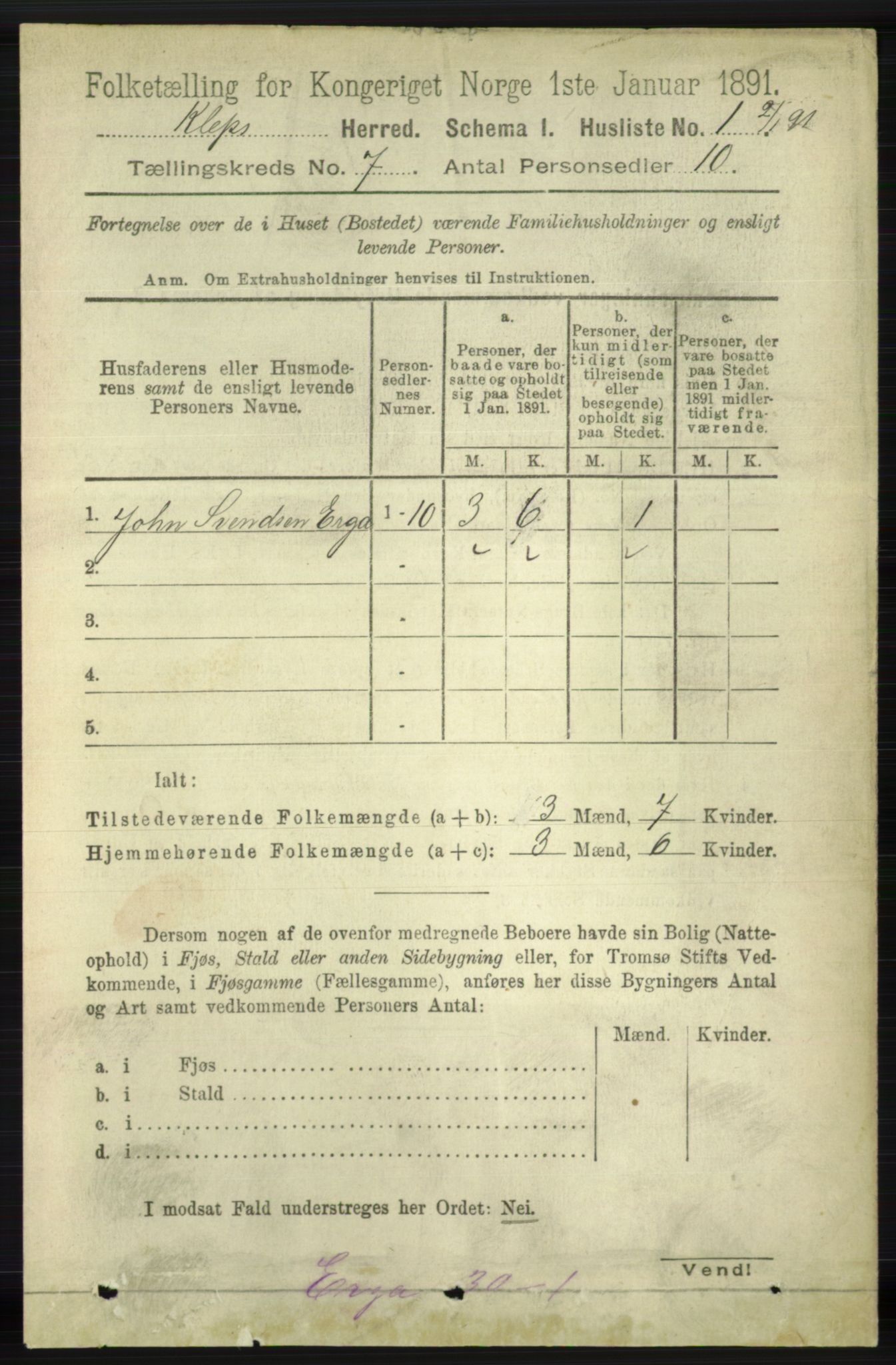 RA, 1891 census for 1120 Klepp, 1891, p. 2056