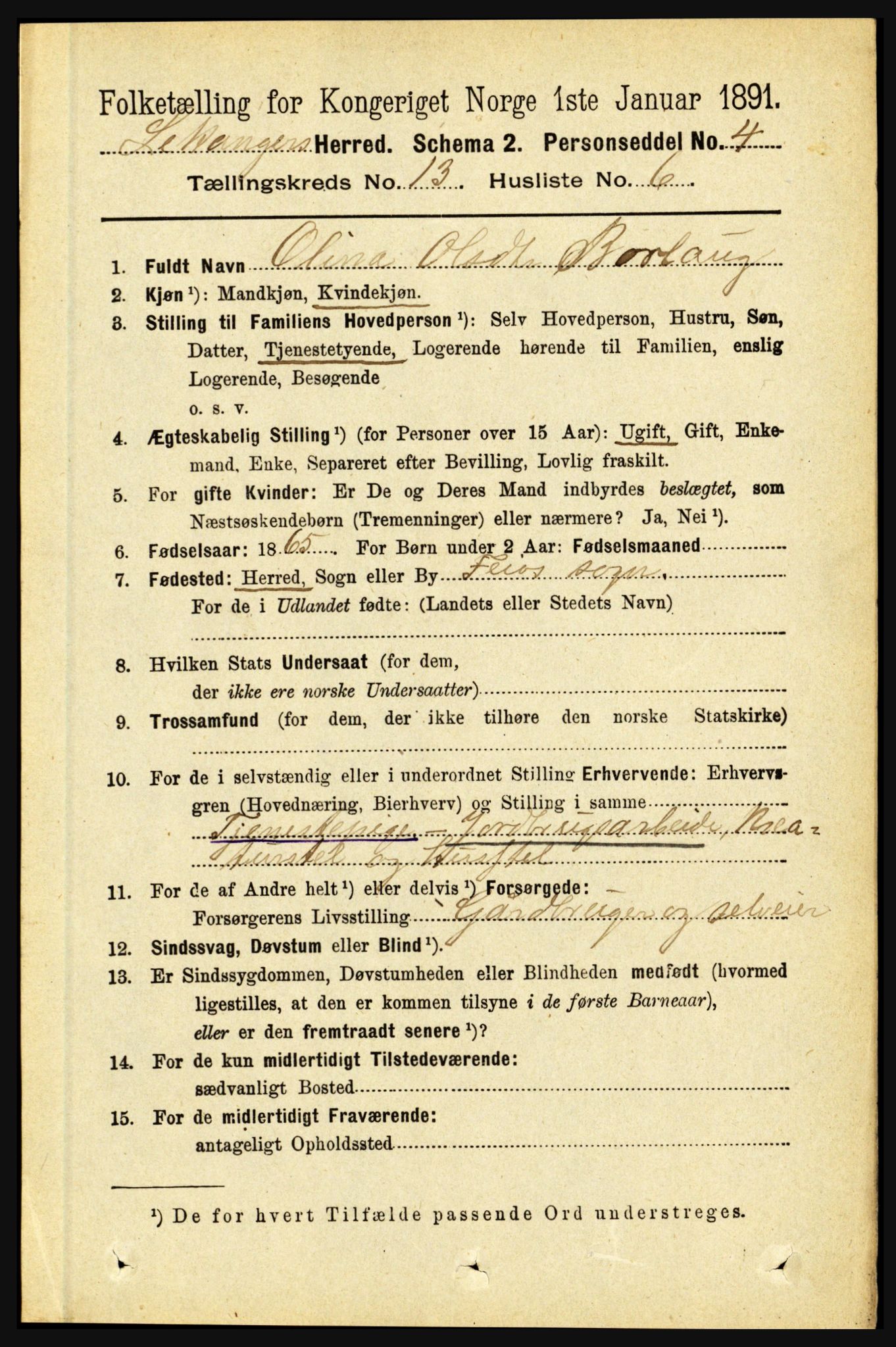 RA, 1891 census for 1419 Leikanger, 1891, p. 2490