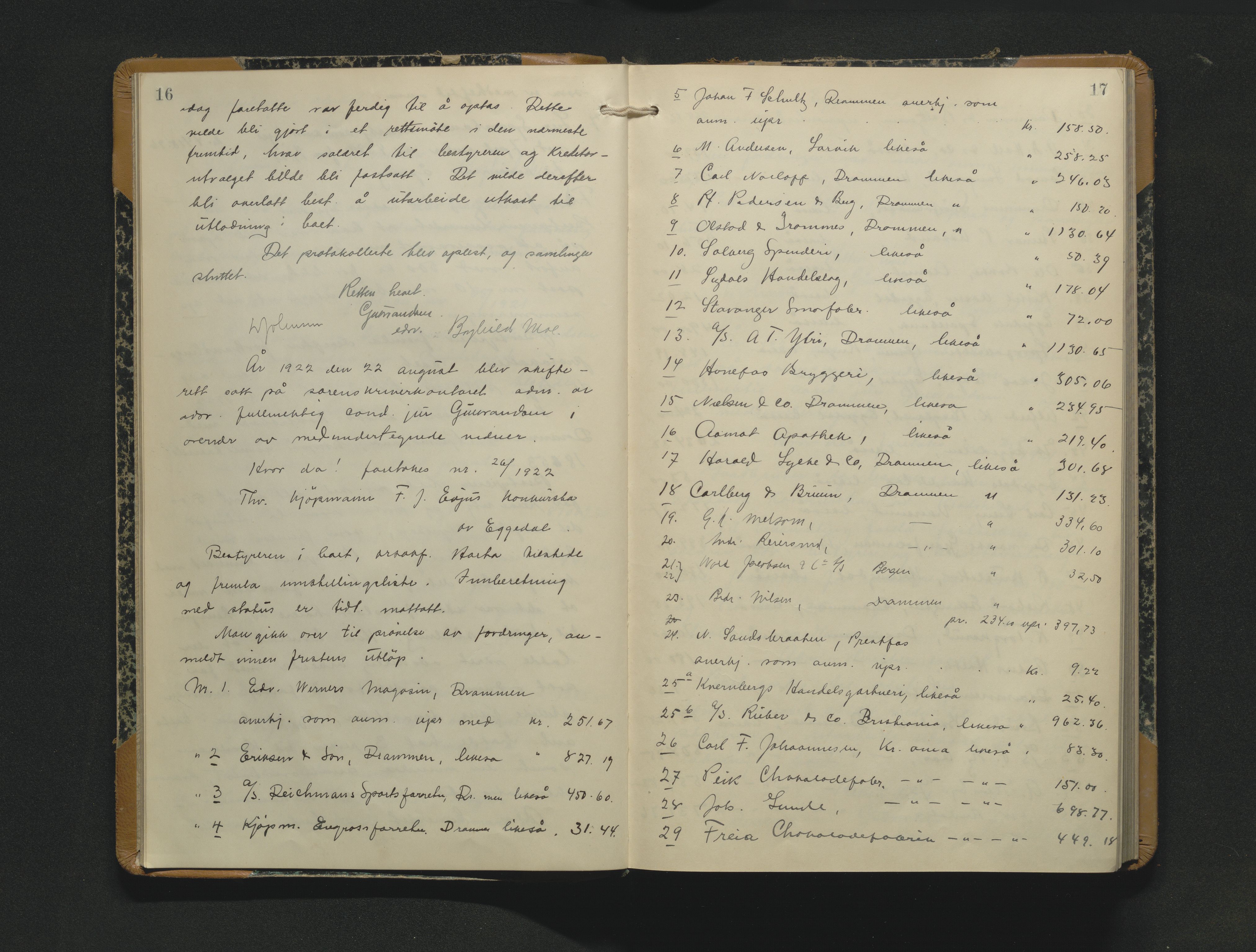 Eiker, Modum og Sigdal sorenskriveri, AV/SAKO-A-123/H/Hb/Hbb/Hbbc/L0007: Registerings- og forhandlingsprotokoll, 1922-1924, p. 16-17