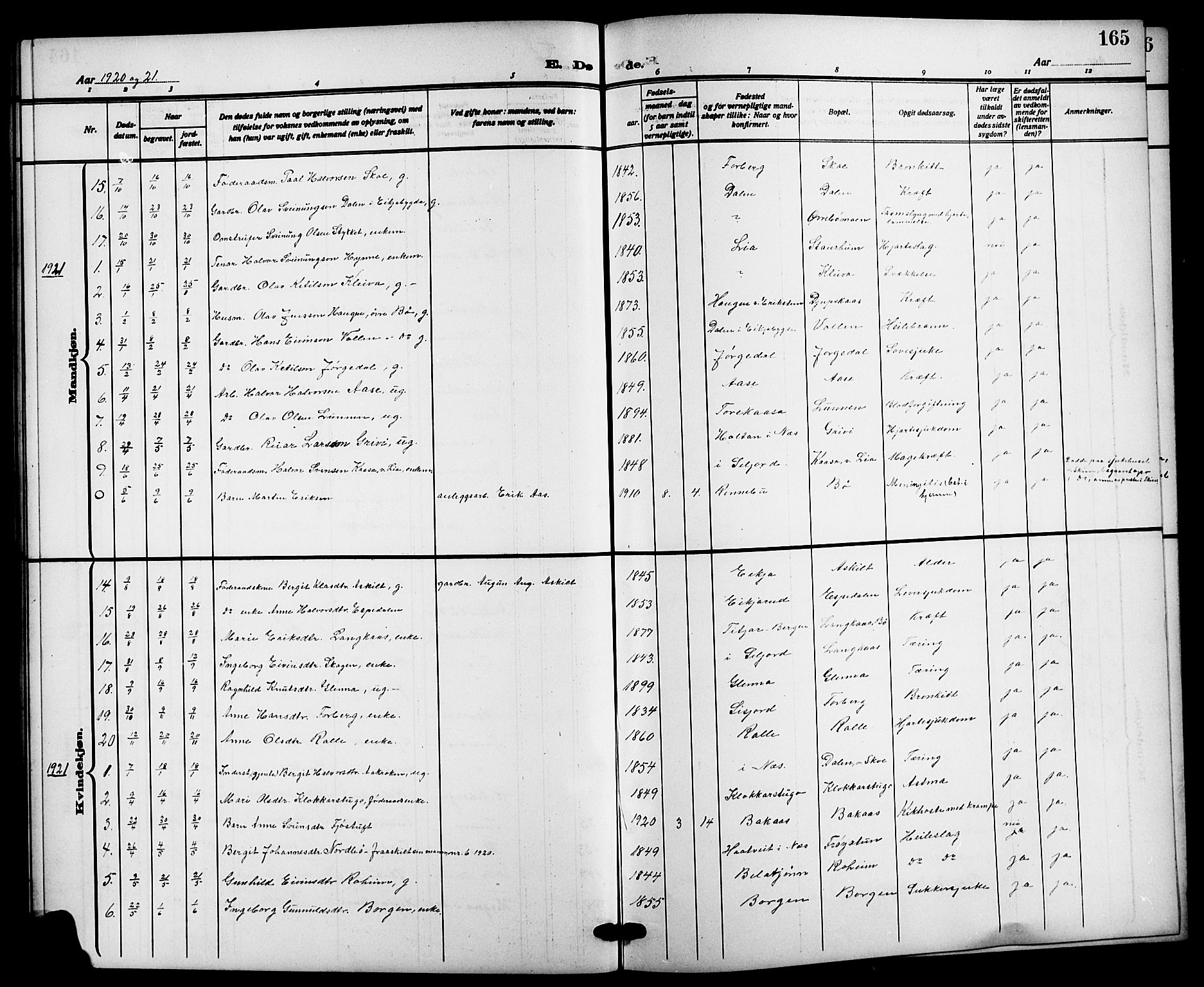Bø kirkebøker, SAKO/A-257/G/Ga/L0007: Parish register (copy) no. 7, 1909-1924, p. 165
