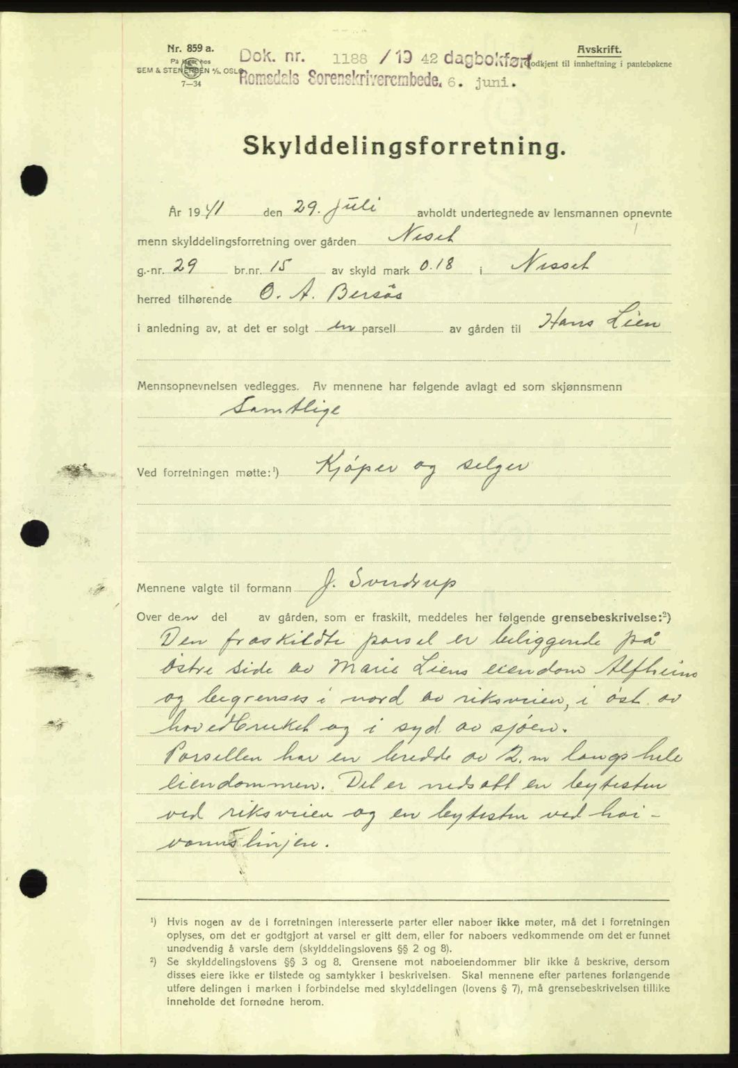 Romsdal sorenskriveri, AV/SAT-A-4149/1/2/2C: Mortgage book no. A12, 1942-1942, Diary no: : 1188/1942