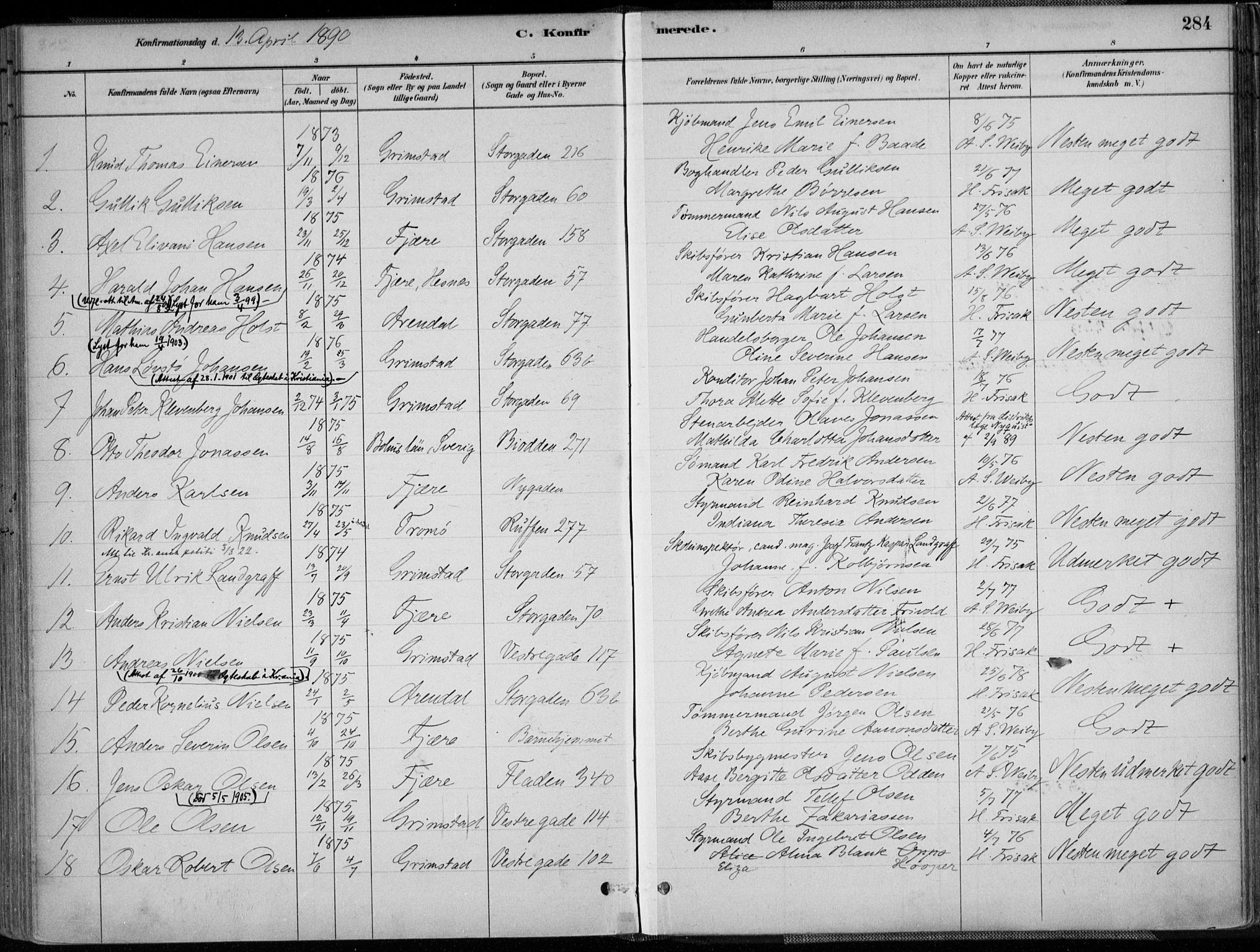 Grimstad sokneprestkontor, SAK/1111-0017/F/Fa/L0003: Parish register (official) no. A 2, 1882-1912, p. 284