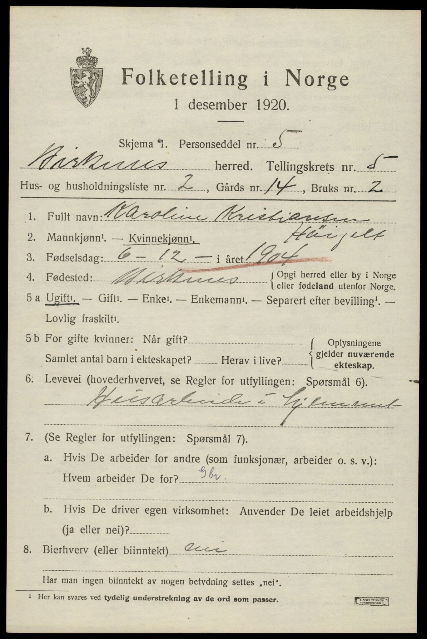 SAK, 1920 census for Birkenes, 1920, p. 3033