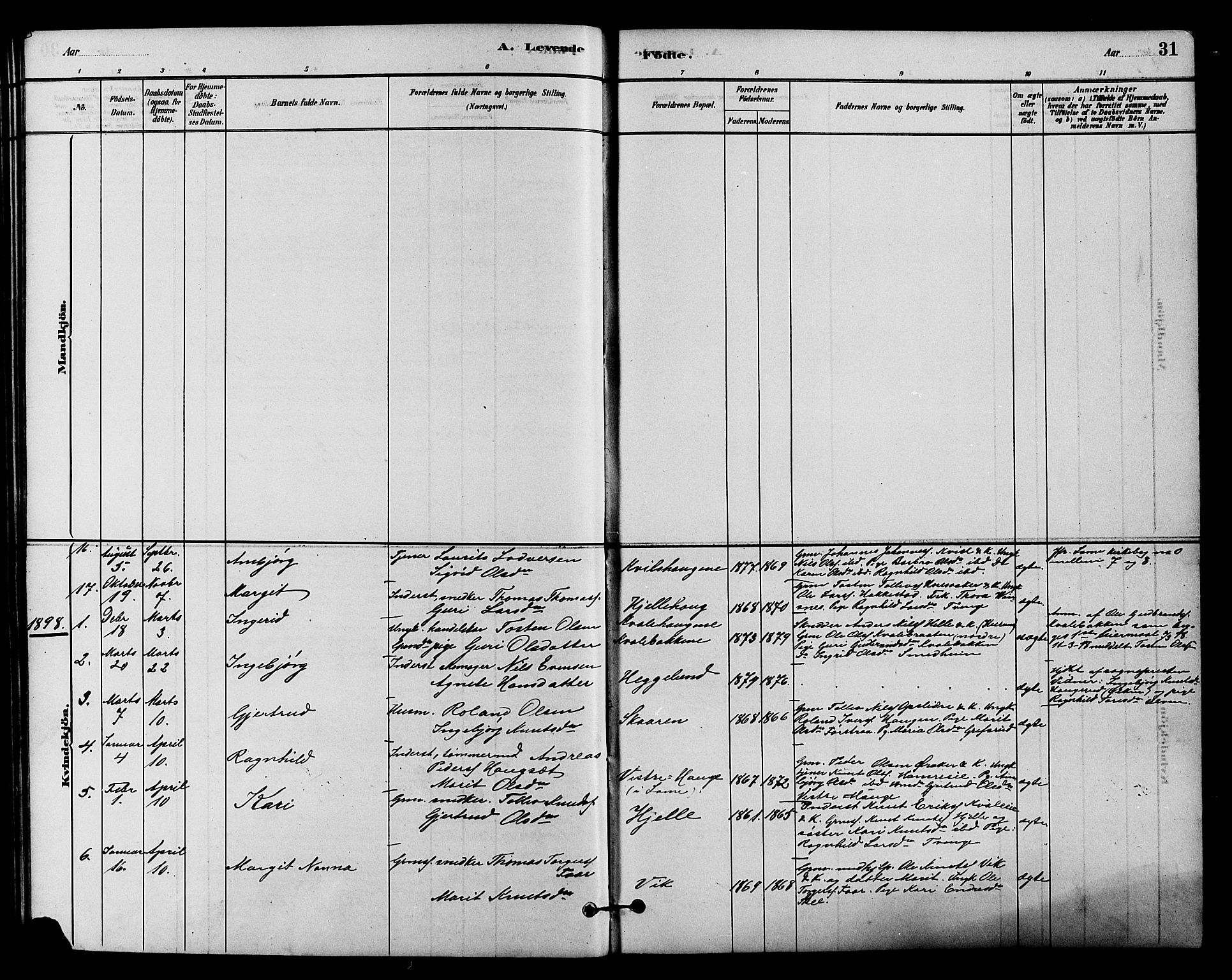 Vestre Slidre prestekontor, SAH/PREST-136/H/Ha/Hab/L0004: Parish register (copy) no. 4, 1881-1912, p. 31