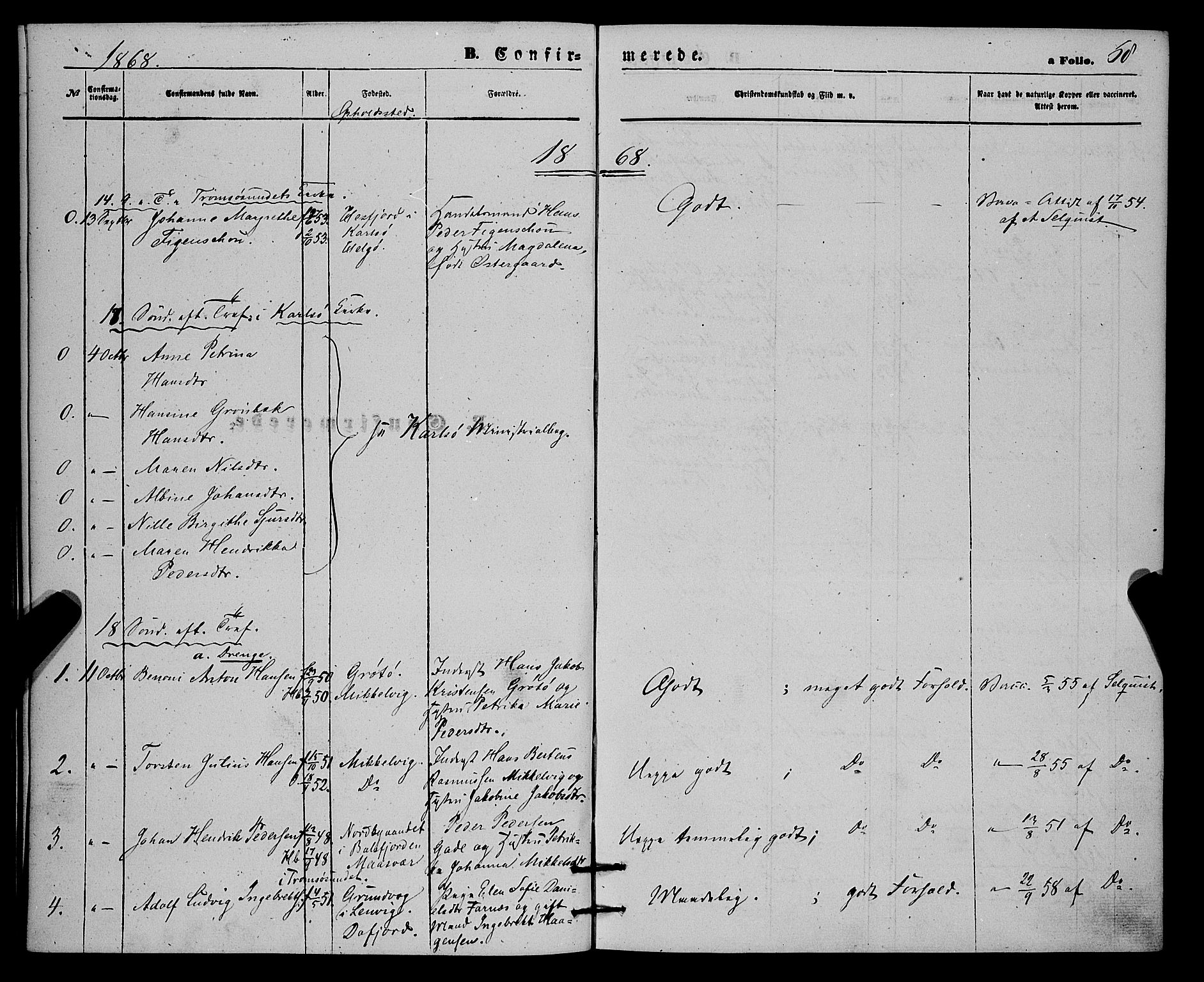 Karlsøy sokneprestembete, SATØ/S-1299/H/Ha/Haa/L0010kirke: Parish register (official) no. 10, 1867-1878, p. 68