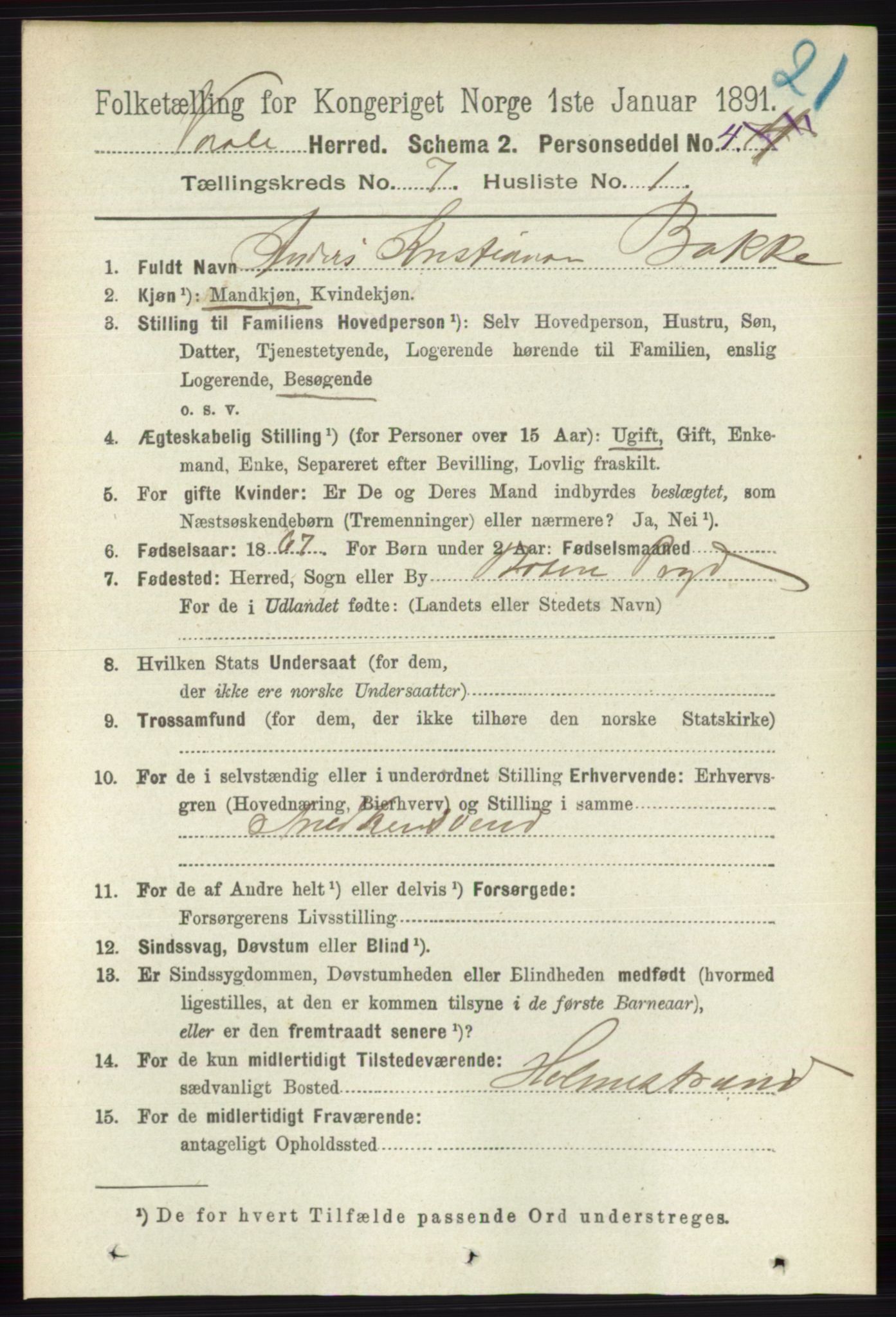 RA, 1891 census for 0716 Våle, 1891, p. 2387