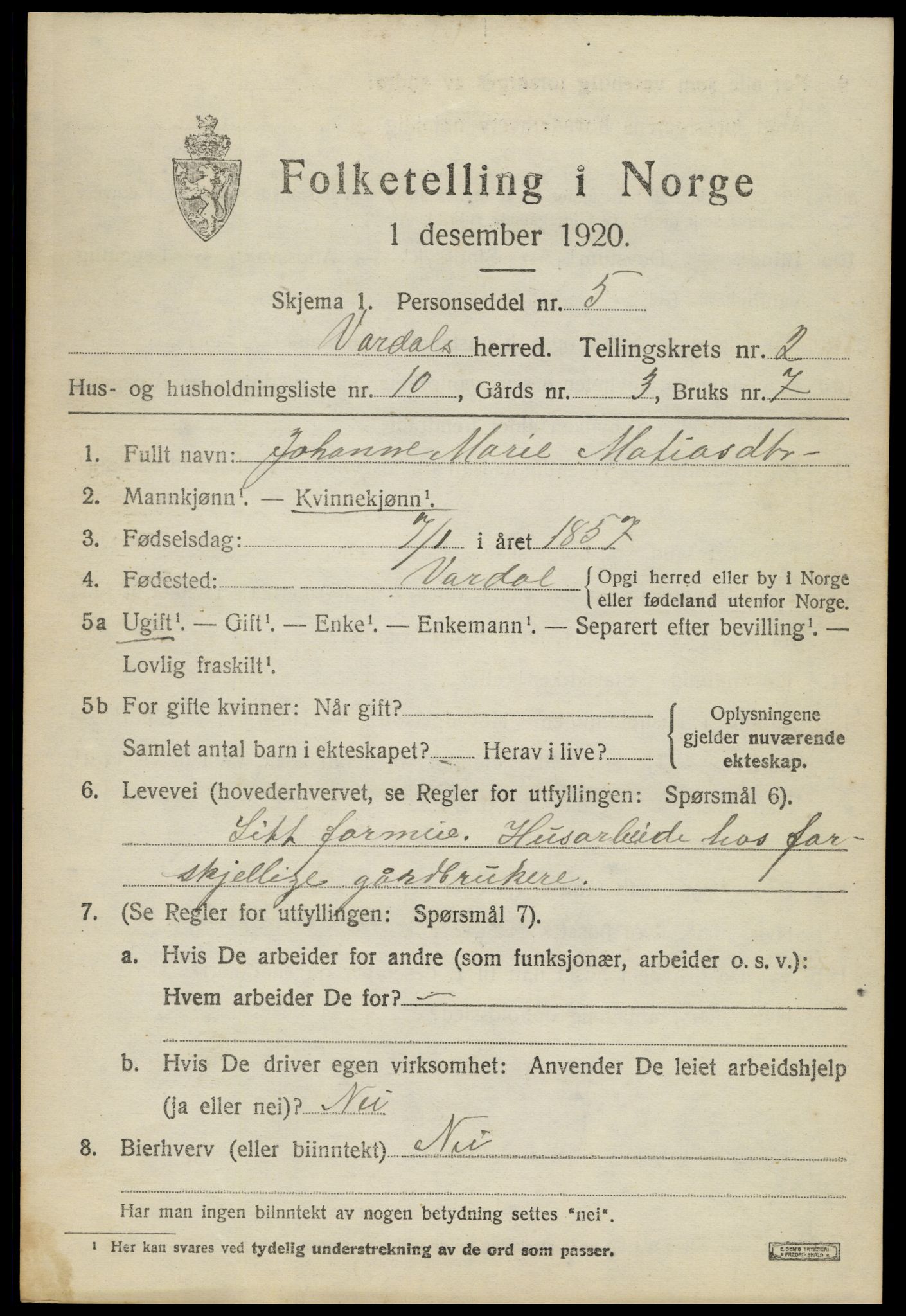 SAH, 1920 census for Vardal, 1920, p. 2581