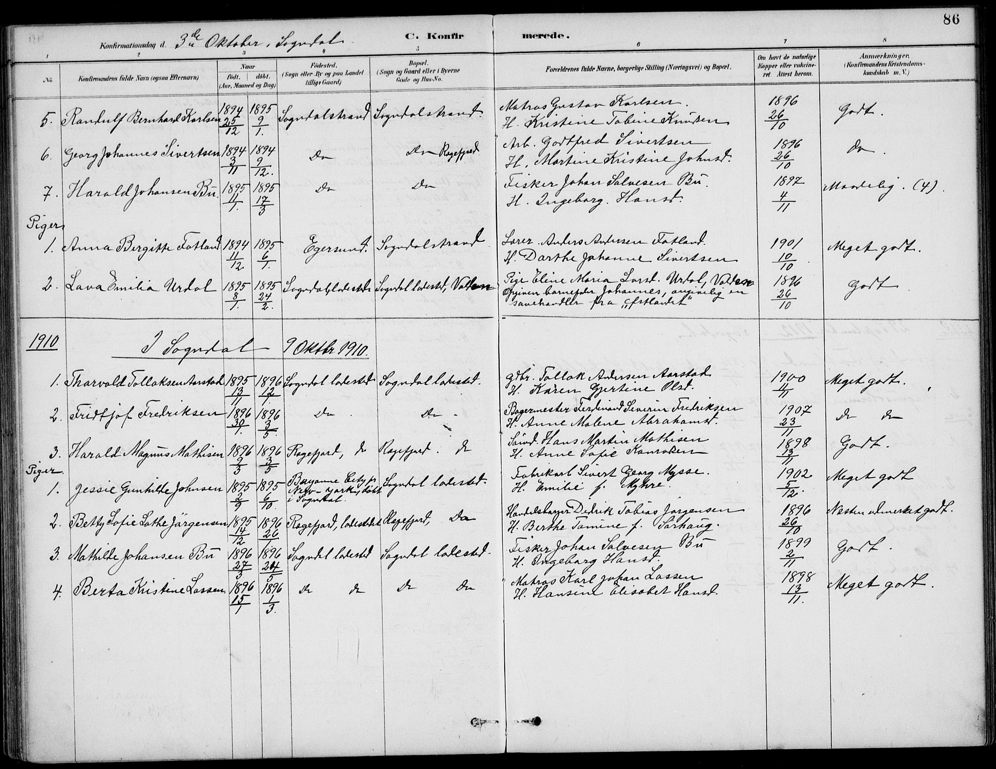 Sokndal sokneprestkontor, AV/SAST-A-101808: Parish register (official) no. A 12, 1887-1927, p. 86