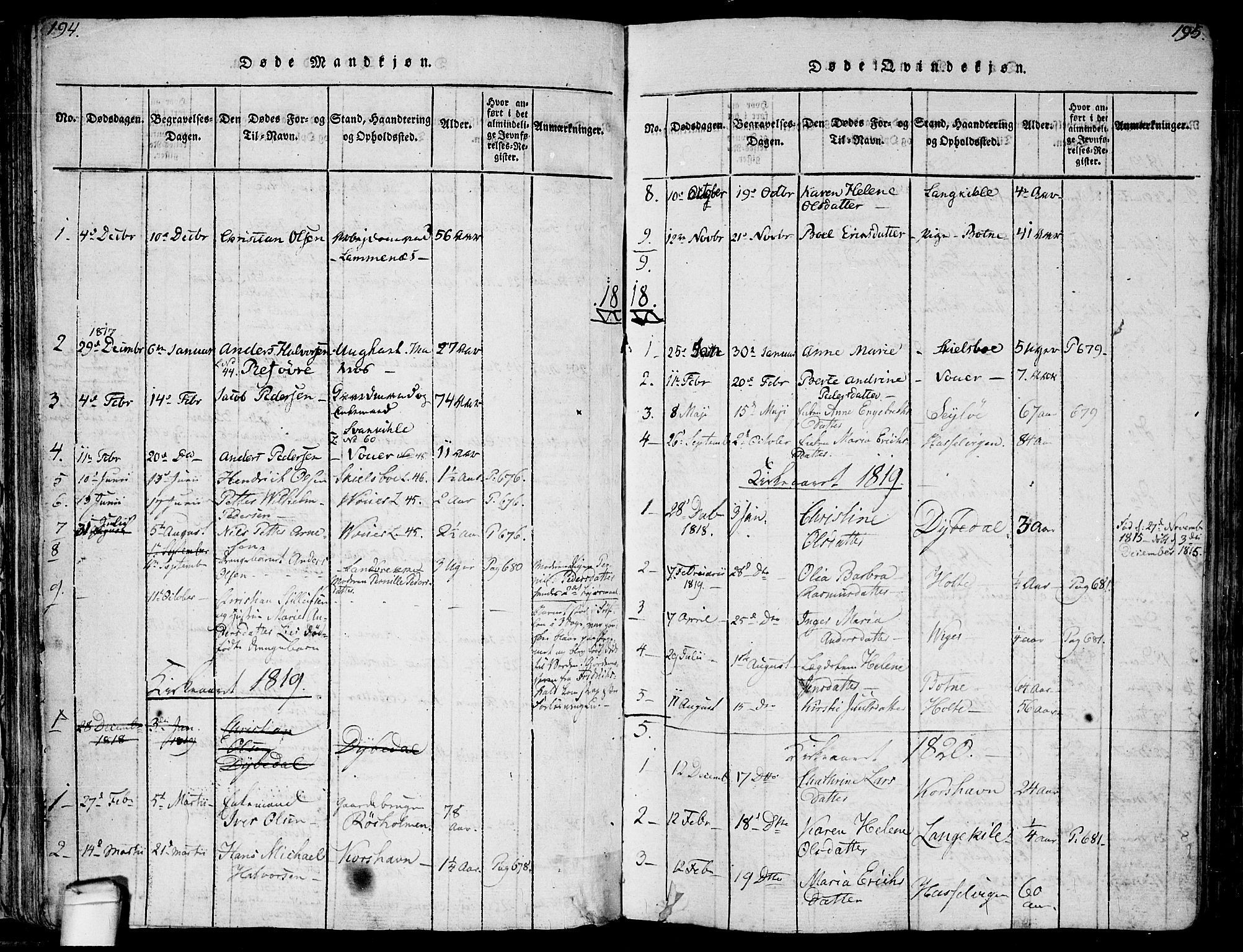 Hvaler prestekontor Kirkebøker, SAO/A-2001/F/Fa/L0005: Parish register (official) no. I 5, 1816-1845, p. 194-195