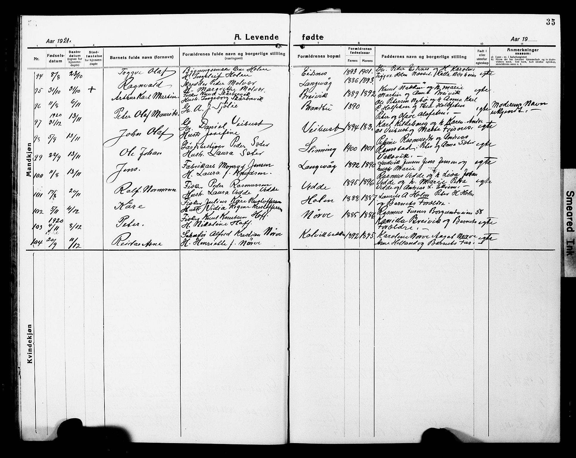 Ministerialprotokoller, klokkerbøker og fødselsregistre - Møre og Romsdal, AV/SAT-A-1454/528/L0434: Parish register (copy) no. 528C15, 1919-1927, p. 35