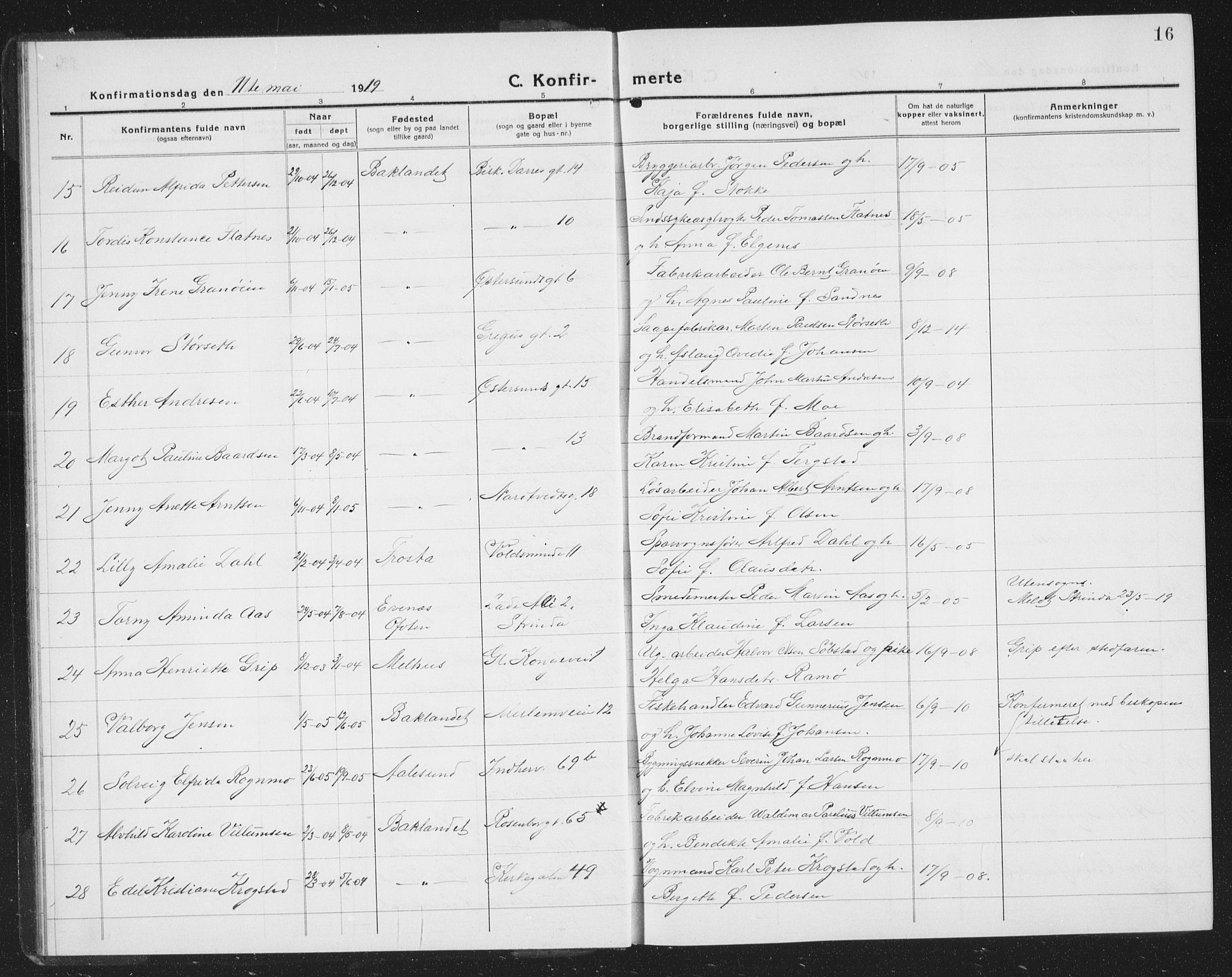 Ministerialprotokoller, klokkerbøker og fødselsregistre - Sør-Trøndelag, SAT/A-1456/605/L0258: Parish register (copy) no. 605C05, 1918-1930, p. 16