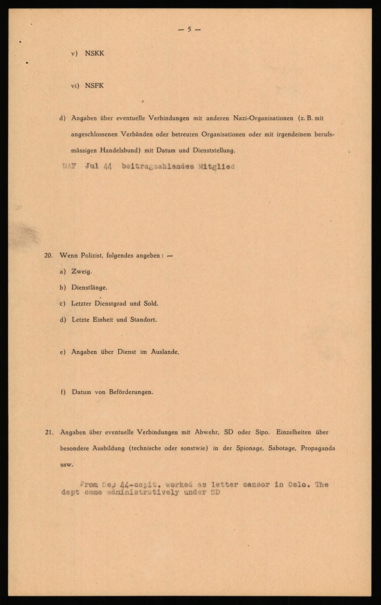 Forsvaret, Forsvarets overkommando II, AV/RA-RAFA-3915/D/Db/L0040: CI Questionaires. Tyske okkupasjonsstyrker i Norge. Østerrikere., 1945-1946, p. 283