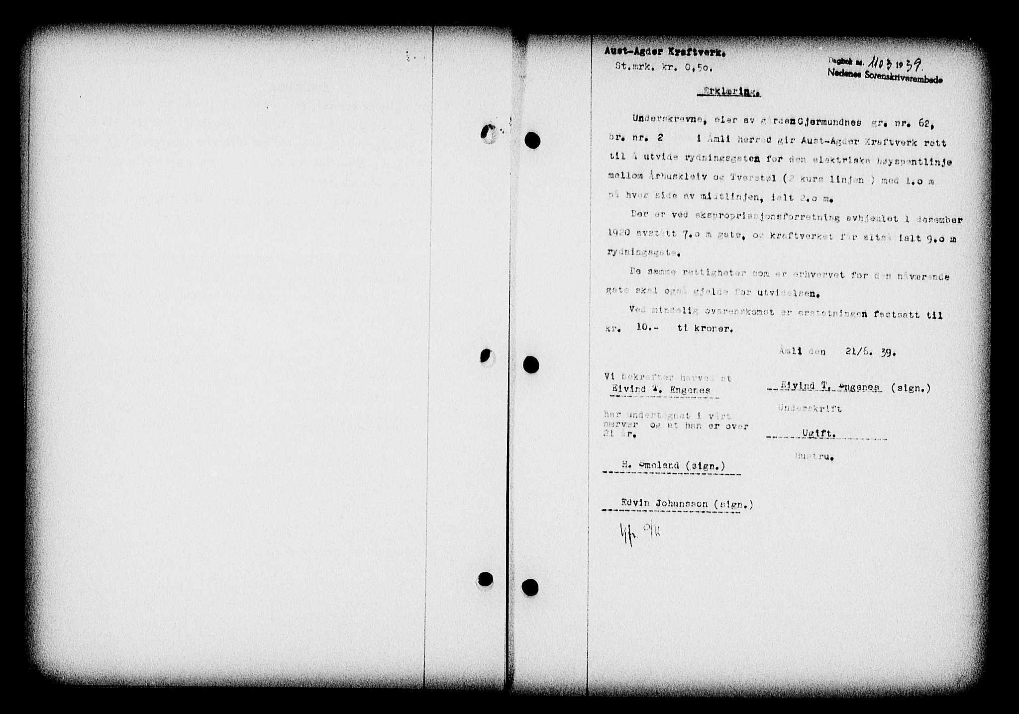 Nedenes sorenskriveri, SAK/1221-0006/G/Gb/Gba/L0047: Mortgage book no. A-I, 1939-1940, Diary no: : 1103/1939