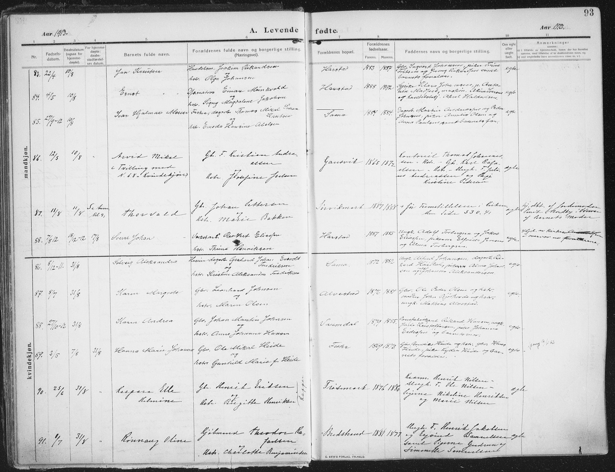 Trondenes sokneprestkontor, SATØ/S-1319/H/Ha/L0018kirke: Parish register (official) no. 18, 1909-1918, p. 93