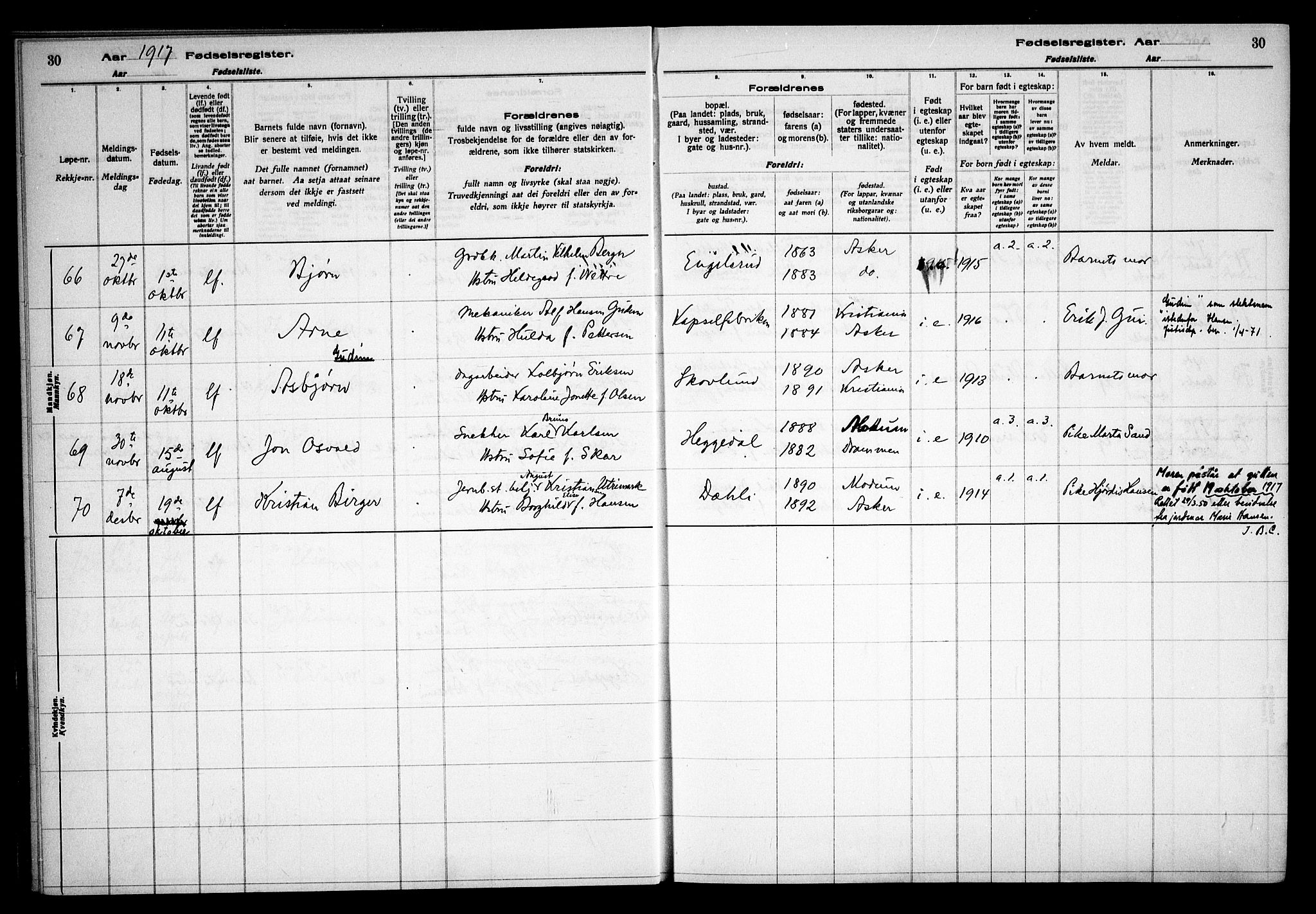 Asker prestekontor Kirkebøker, AV/SAO-A-10256a/J/L0001: Birth register no. 1, 1916-1925, p. 30