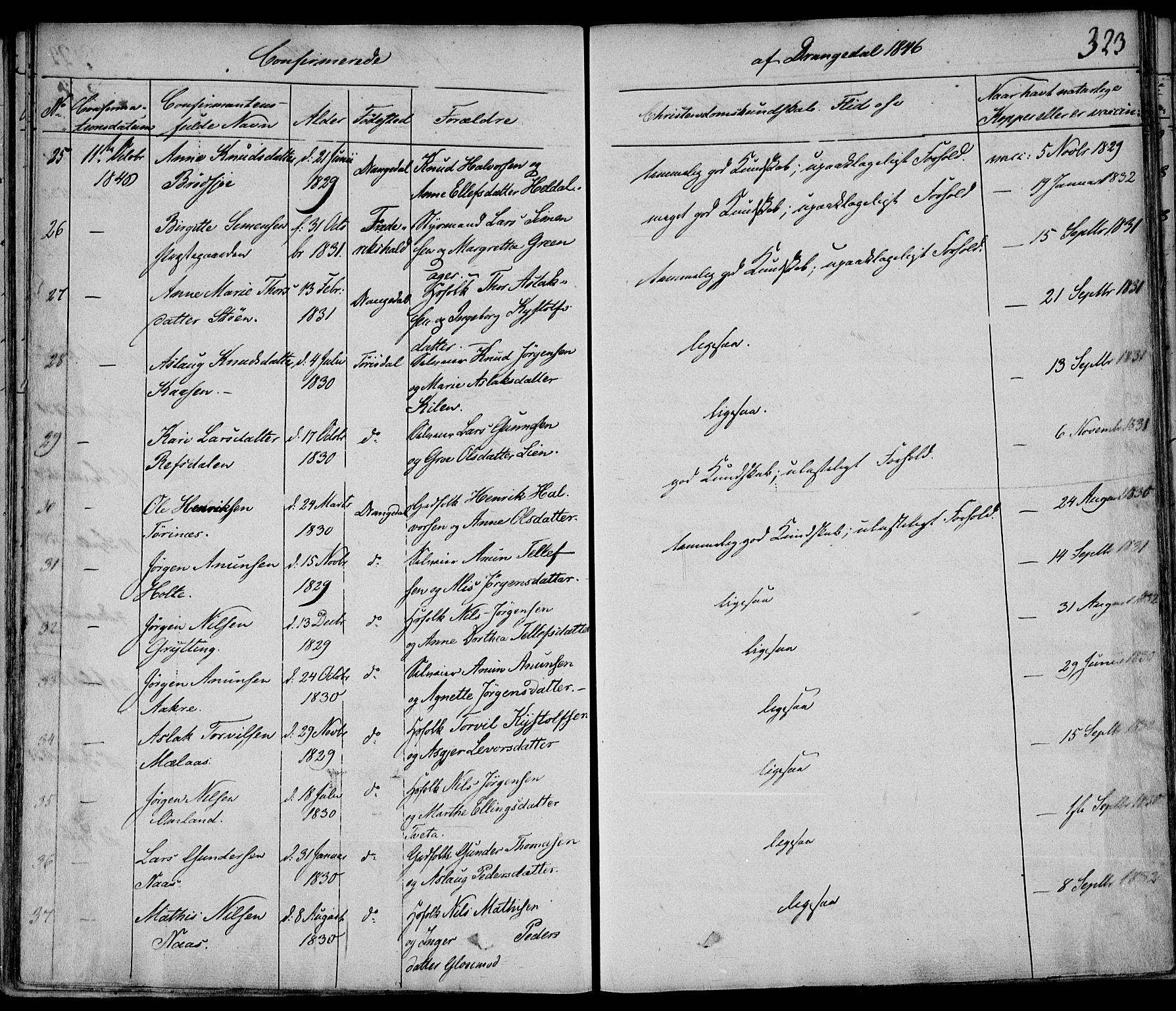 Drangedal kirkebøker, AV/SAKO-A-258/F/Fa/L0007a: Parish register (official) no. 7a, 1837-1856, p. 323