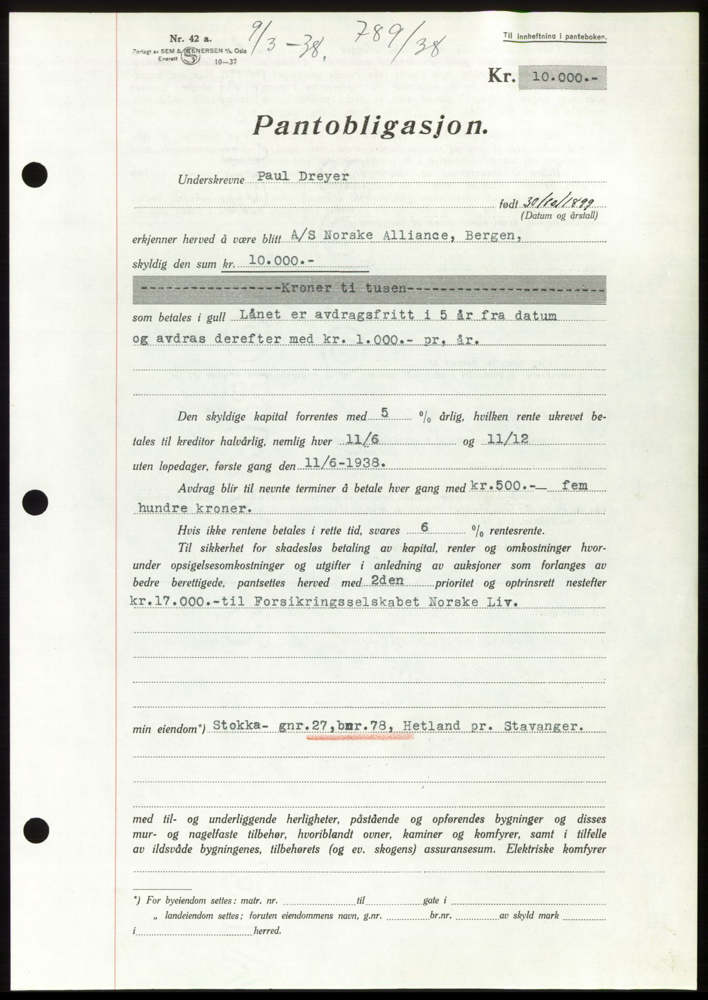 Jæren sorenskriveri, SAST/A-100310/03/G/Gba/L0070: Mortgage book, 1938-1938, Diary no: : 789/1938