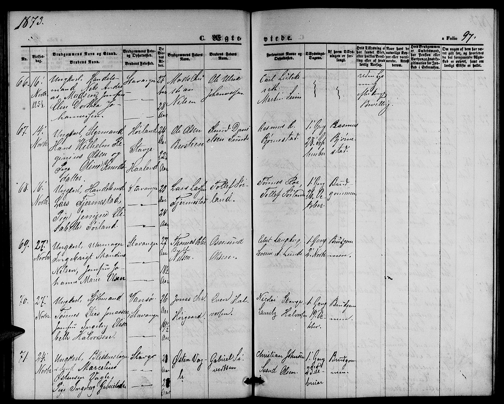 St. Petri sokneprestkontor, AV/SAST-A-101813/001/30/30BB/L0002: Parish register (copy) no. B 2, 1865-1885, p. 97