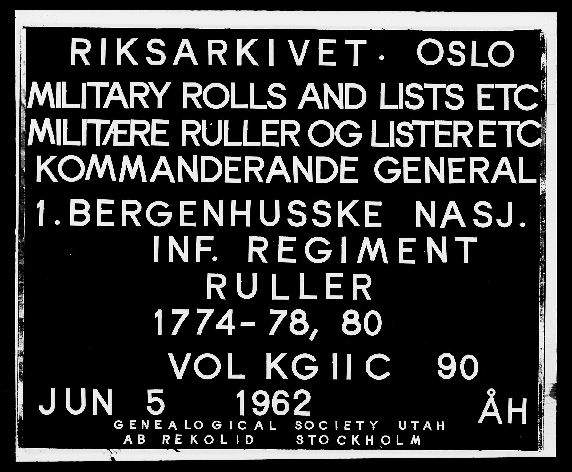 Generalitets- og kommissariatskollegiet, Det kongelige norske kommissariatskollegium, AV/RA-EA-5420/E/Eh/L0090: 1. Bergenhusiske nasjonale infanteriregiment, 1774-1780, p. 1