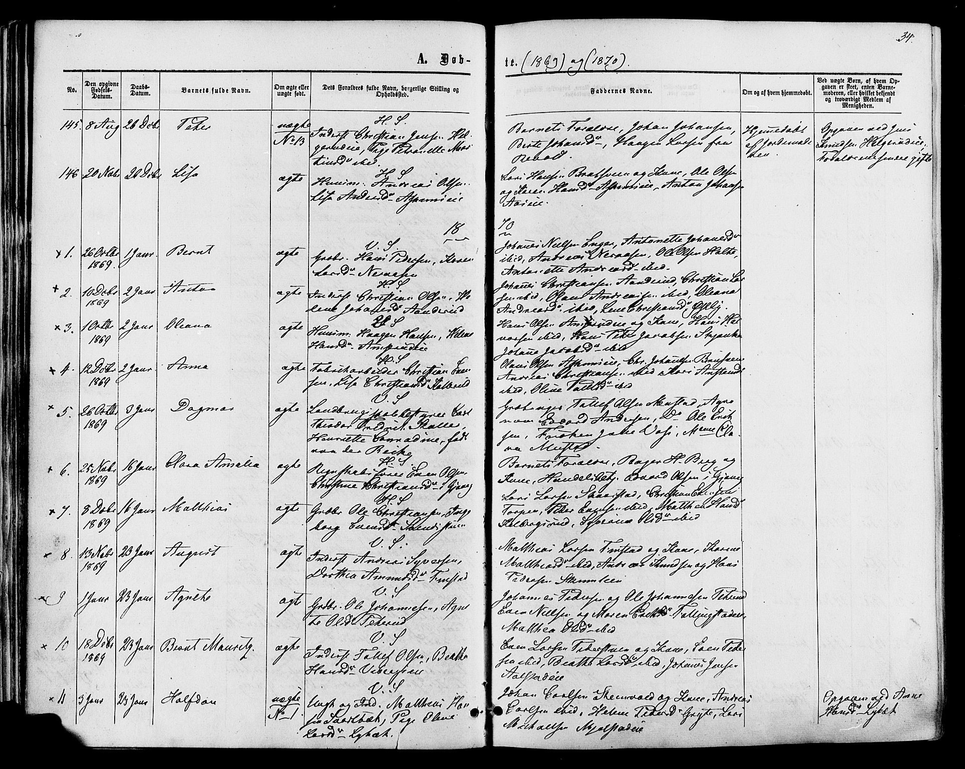 Vardal prestekontor, SAH/PREST-100/H/Ha/Haa/L0007: Parish register (official) no. 7, 1867-1878, p. 34