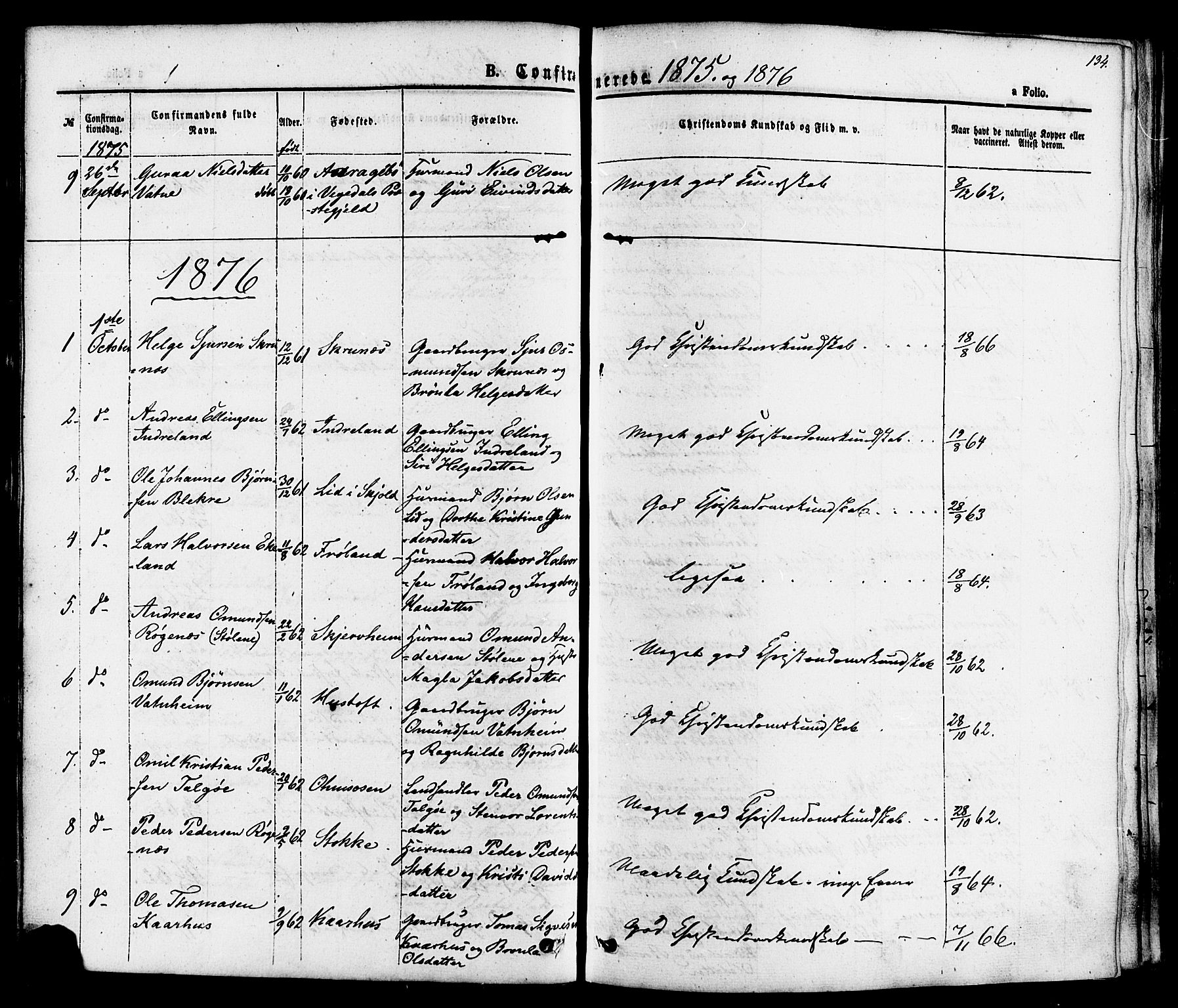 Skjold sokneprestkontor, AV/SAST-A-101847/H/Ha/Haa/L0007: Parish register (official) no. A 7, 1857-1882, p. 134