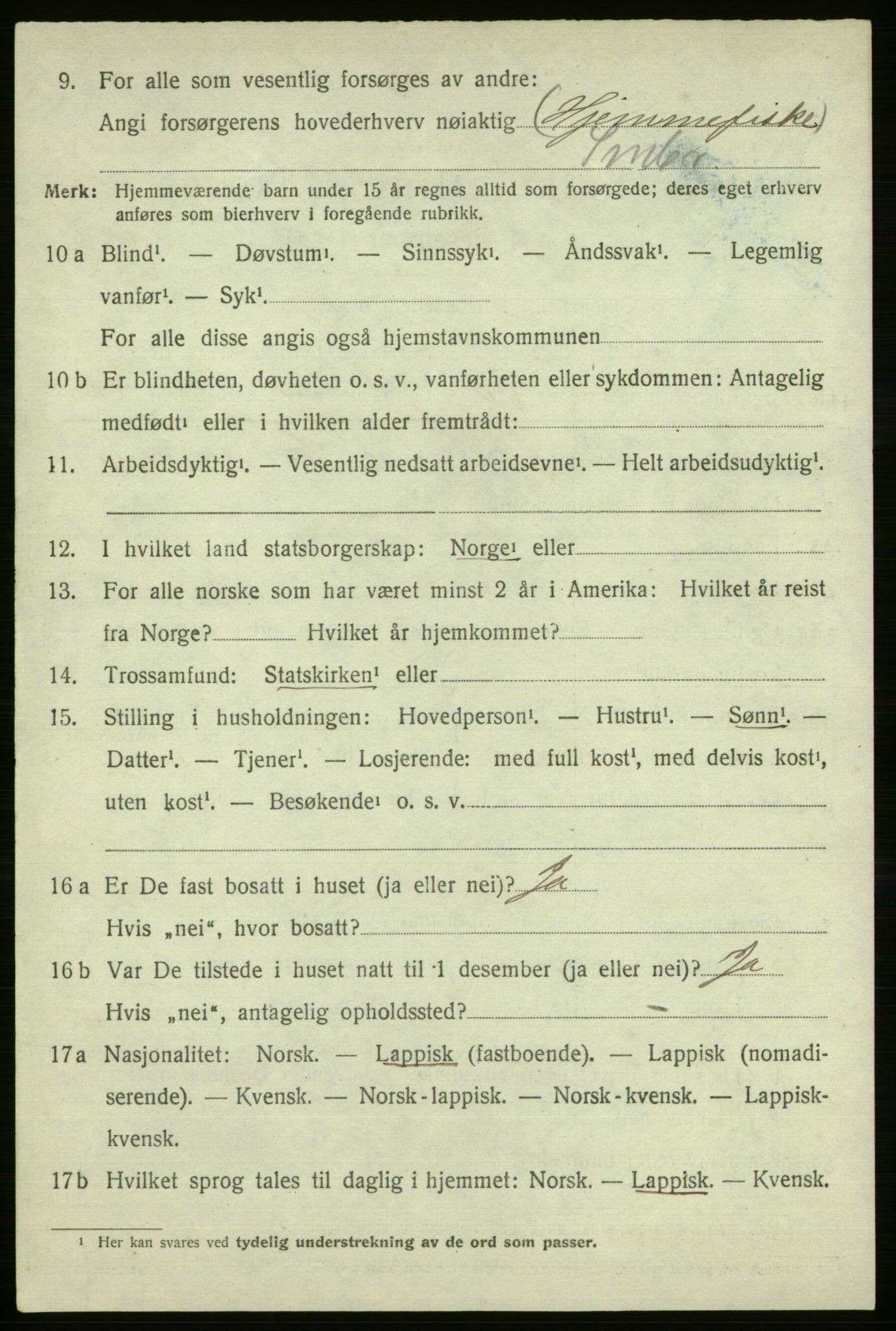 SATØ, 1920 census for Tana, 1920, p. 3019