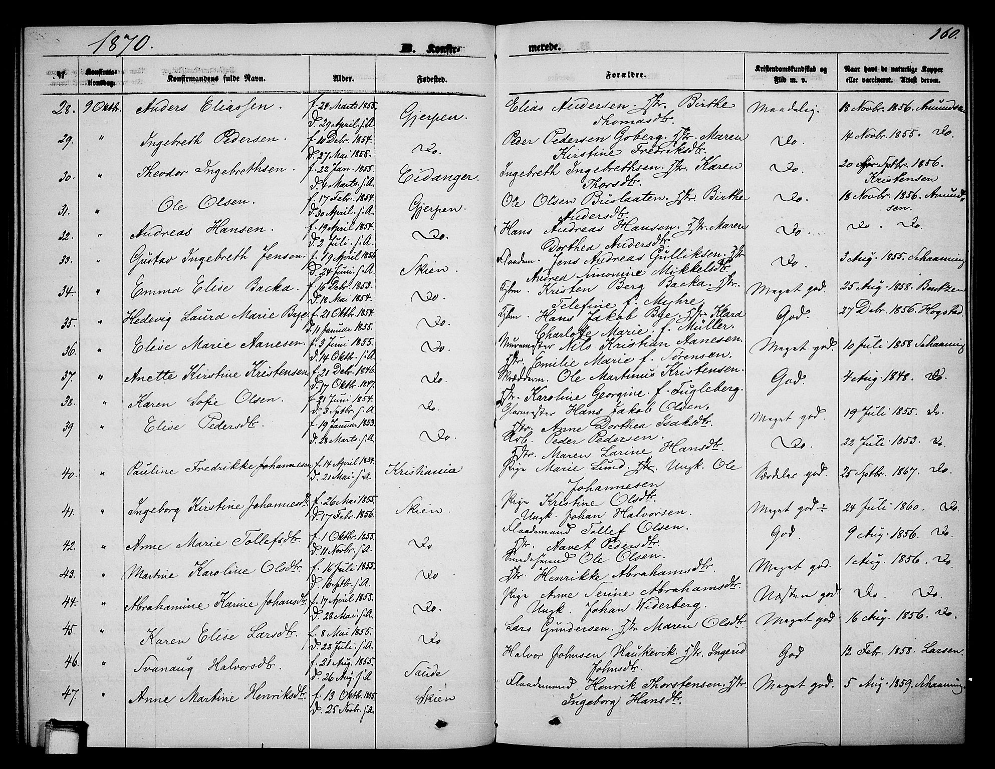 Skien kirkebøker, AV/SAKO-A-302/G/Ga/L0005: Parish register (copy) no. 5, 1868-1880, p. 160