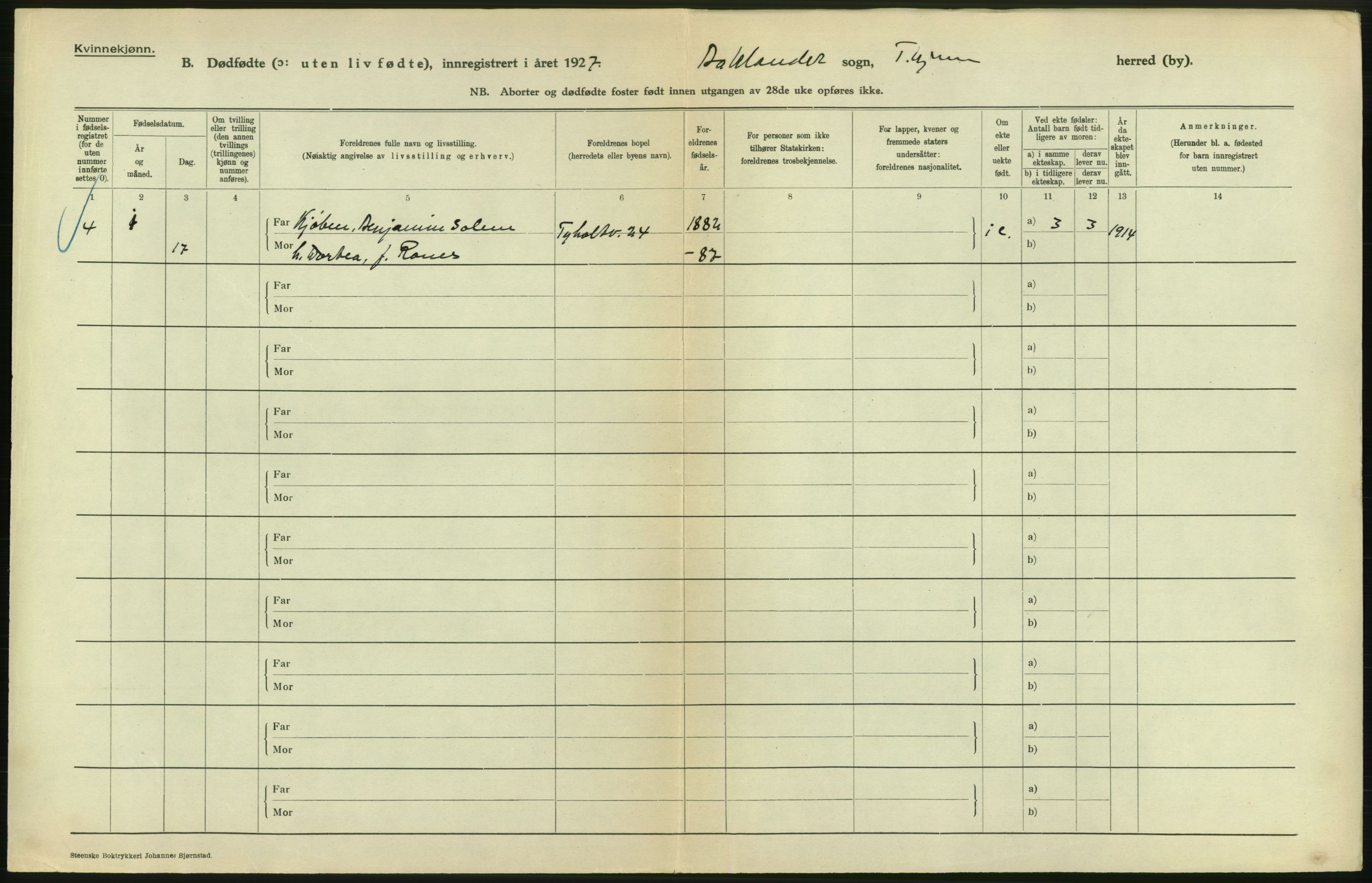 Statistisk sentralbyrå, Sosiodemografiske emner, Befolkning, AV/RA-S-2228/D/Df/Dfc/Dfcg/L0037: Trondheim: Levendefødte menn og kvinner, gifte, døde, dødfødte., 1927, p. 566
