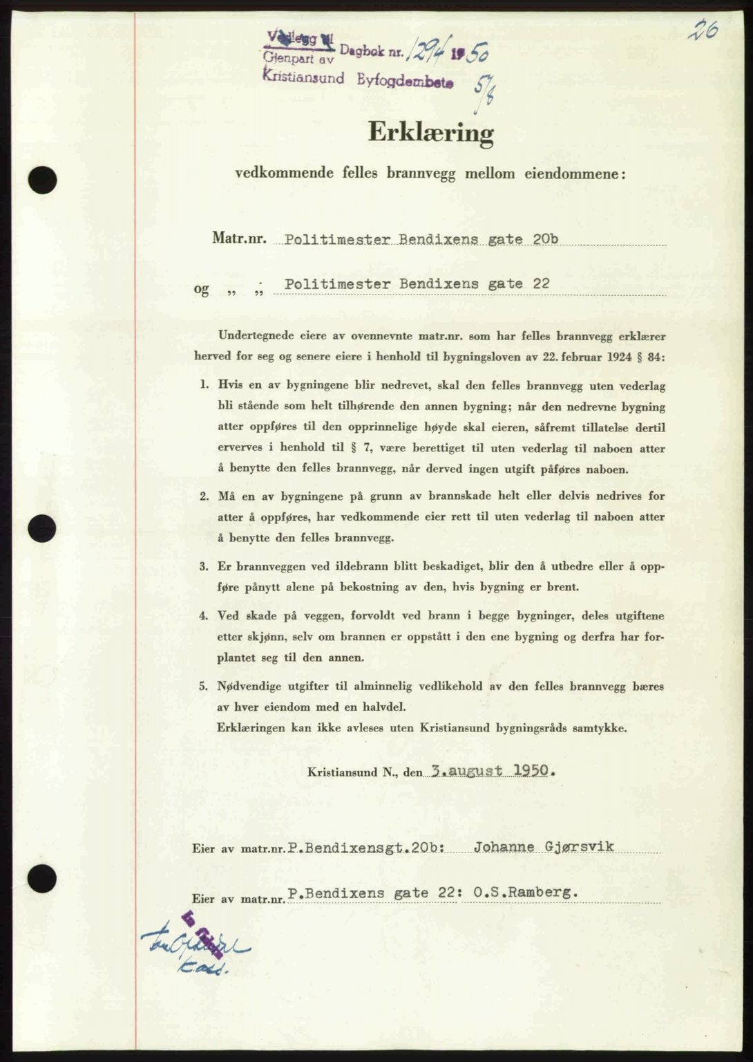 Kristiansund byfogd, AV/SAT-A-4587/A/27: Mortgage book no. 50, 1950-1950, Diary no: : 1294/1950